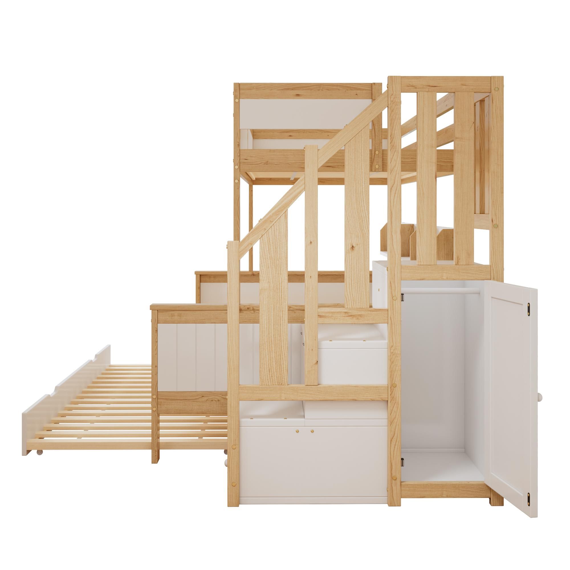Flieks Etagenbett 90x200 / 120x200cm mit Ausziehbett, Hochbett mit Treppe, Kinderbett mit Ablagen, Stockbett mit Rausfallschutz und Lattenrost