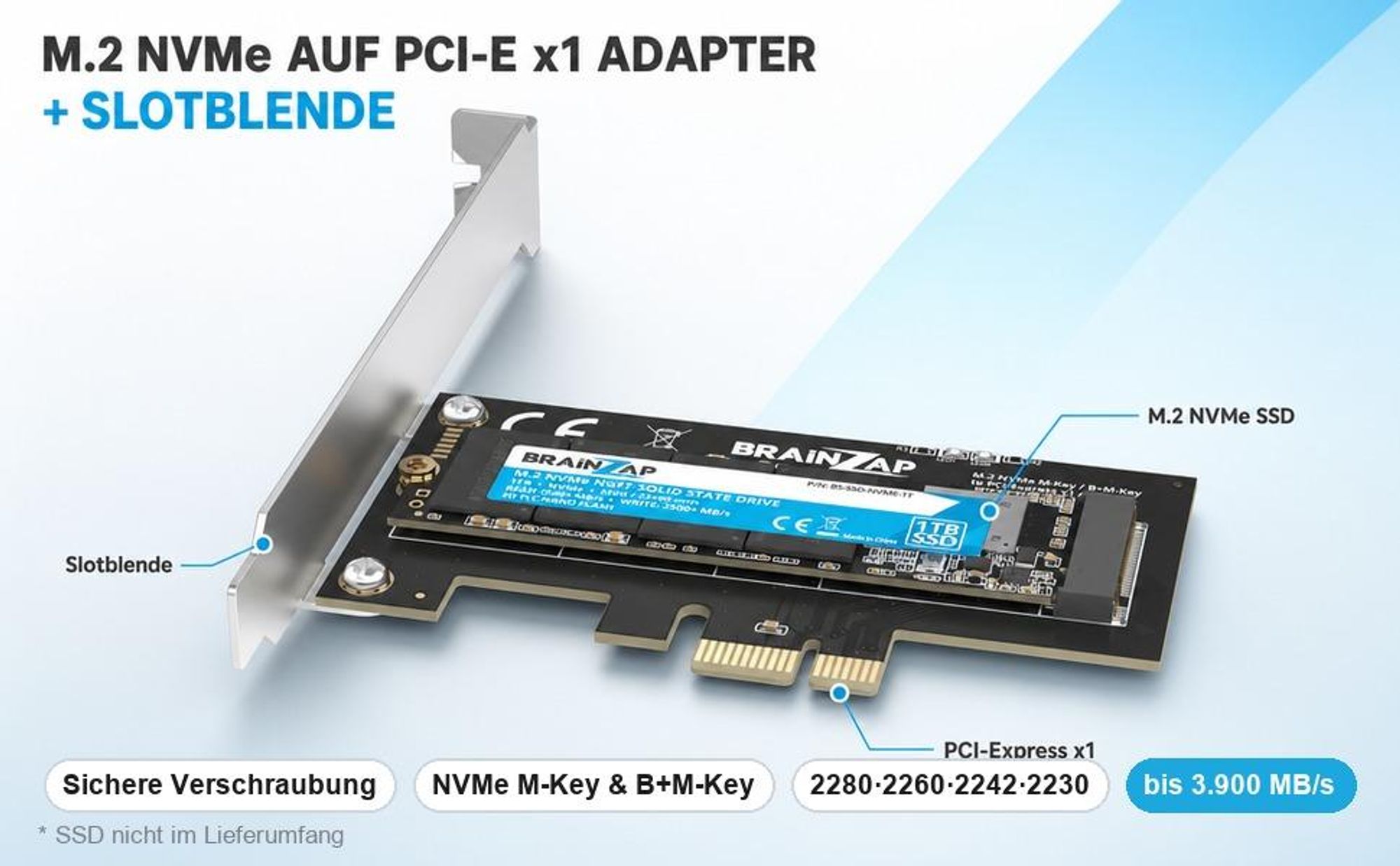 BRAINZAP M.2 M2 NVMe SSD zu PCI-E PCI-Express PCIe 3.0 x1 Adapter Konverter Karte M Key, B+M Key