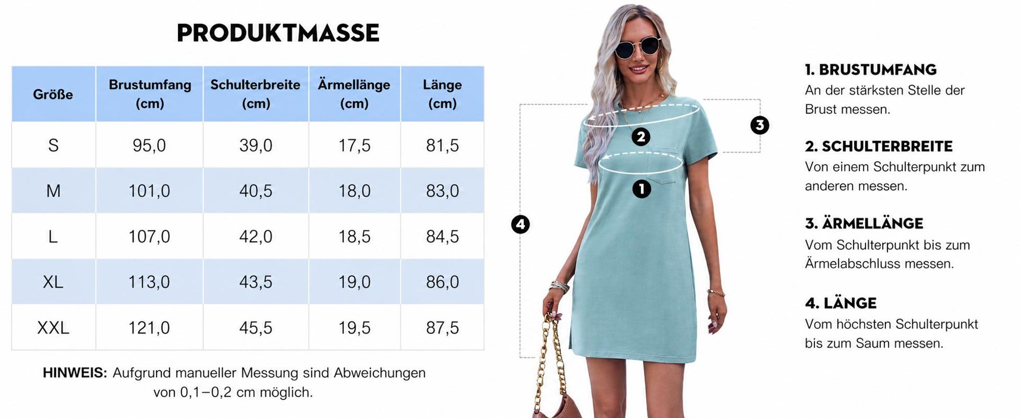 Minikleid für Damen, Rundhalsausschnitt, kurze Ärmel, einfarbig, mit Taschen