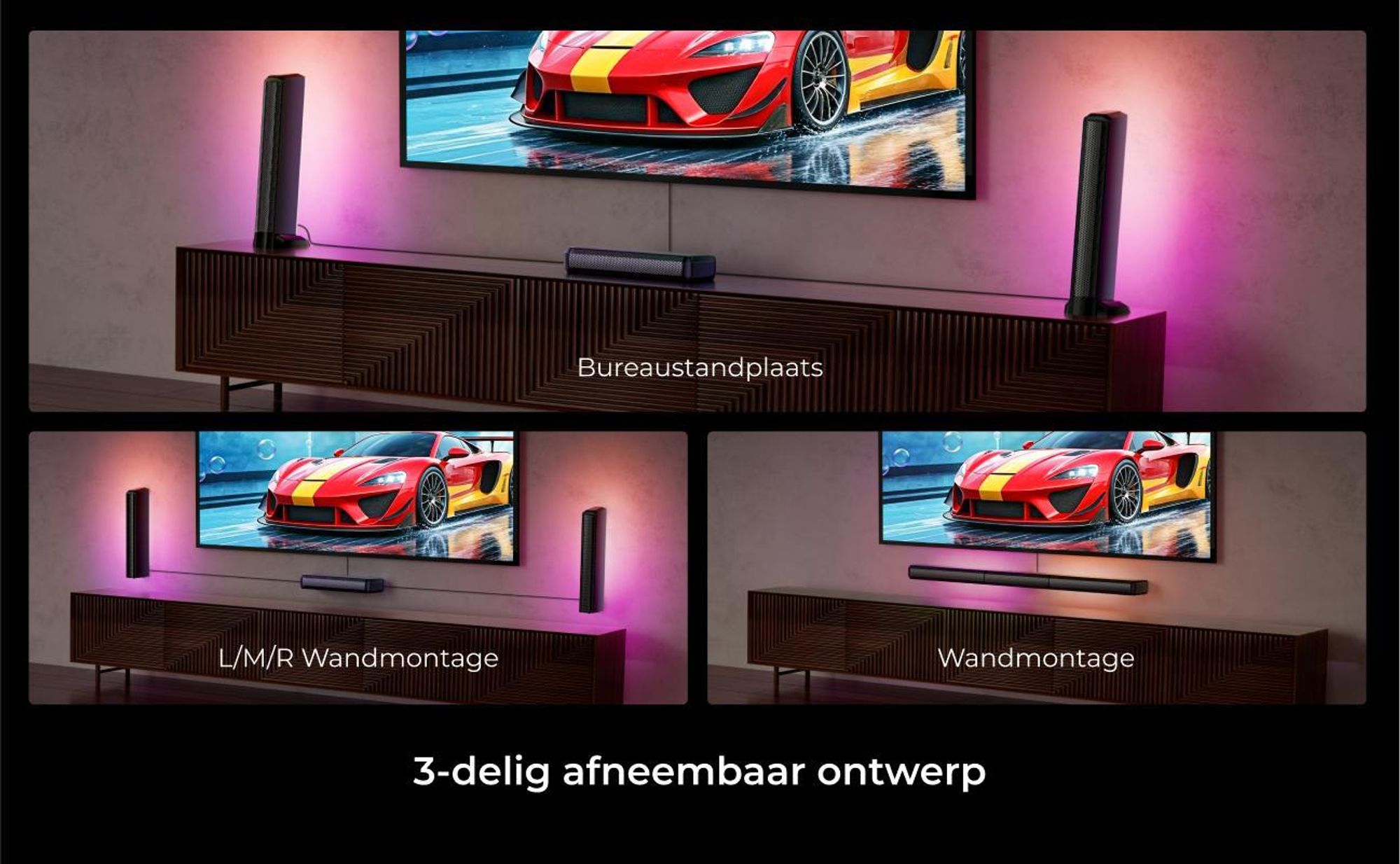 ULTIMEA 7.1kanálový odnímatelný soundbar s RGB osvětlením, virtuální prostorový zvukový systém se subwooferem, 2 prostorové reproduktory, 410 W