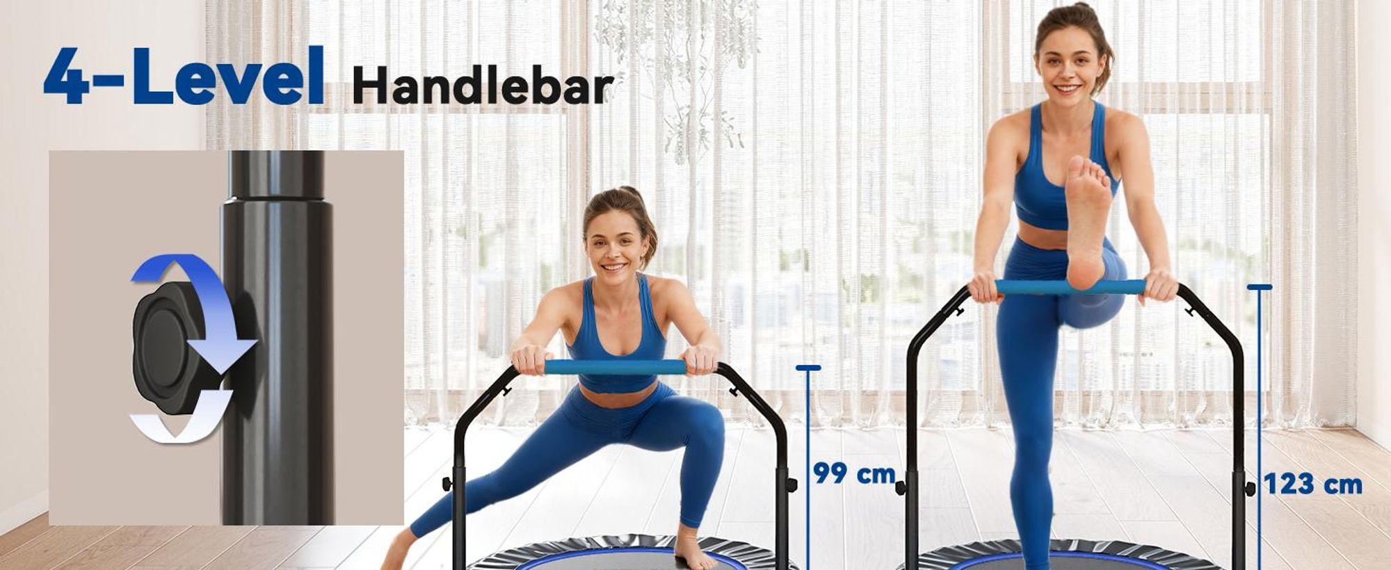 Trampolina fitness HOMCOM 102 cm, składana mini trampolina z uchwytem o czterech regulowanych wysokościach, trampolina fitness dla dorosłych, do 100 kg, czarno-niebieska