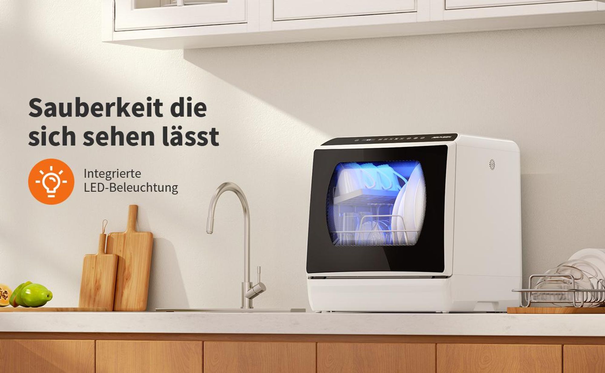 AIRMSEN Tischgeschirrspüler 5L mit Wassertank, Mini Spülmaschine 45cm, mit oder ohne Wasseranschluss, für Wohnung, Büro, Camping und Wohnwagen,Schwarz