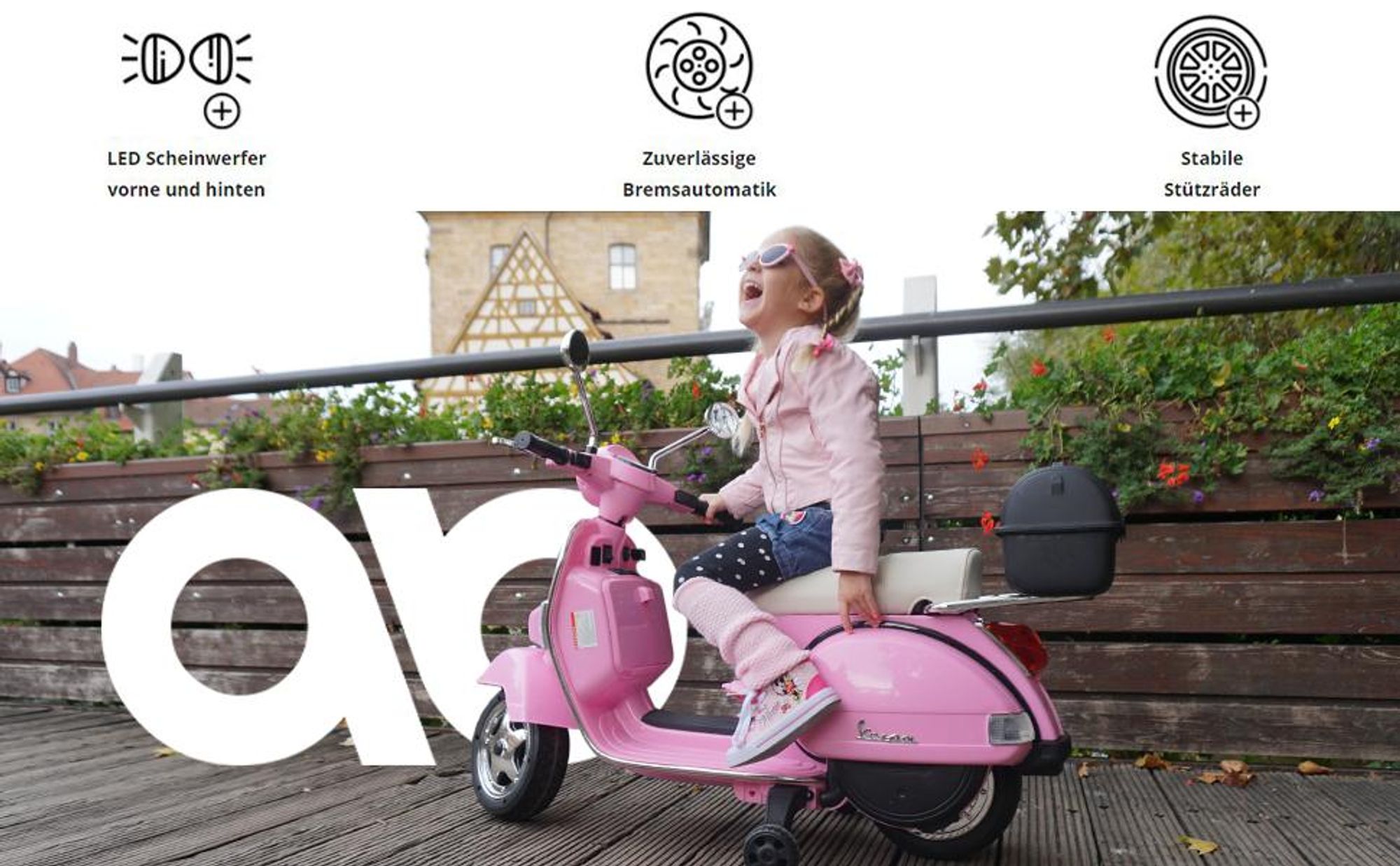 Kinder Elektro Roller Vespa | Mit Stützrädern - Scheinwerfer - Koffer zum Öffnen - Kinder Fahrzeug elektrisch - Hupe & Musik - Ab 3 Jahre (Pink)