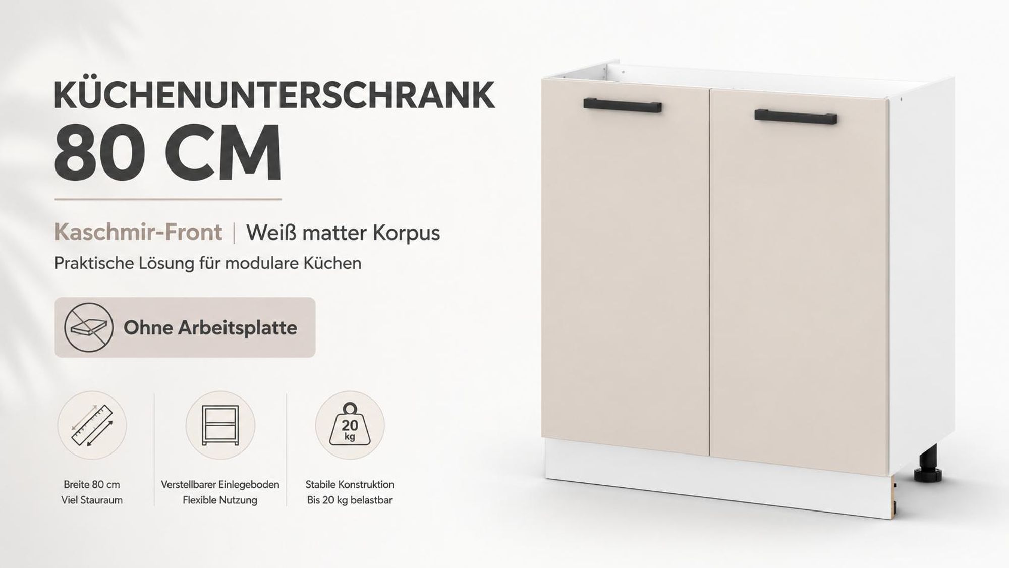 ULWEHOME Küchenunterschrank 80 cm Kaschmir Beige mit weißem Korpus