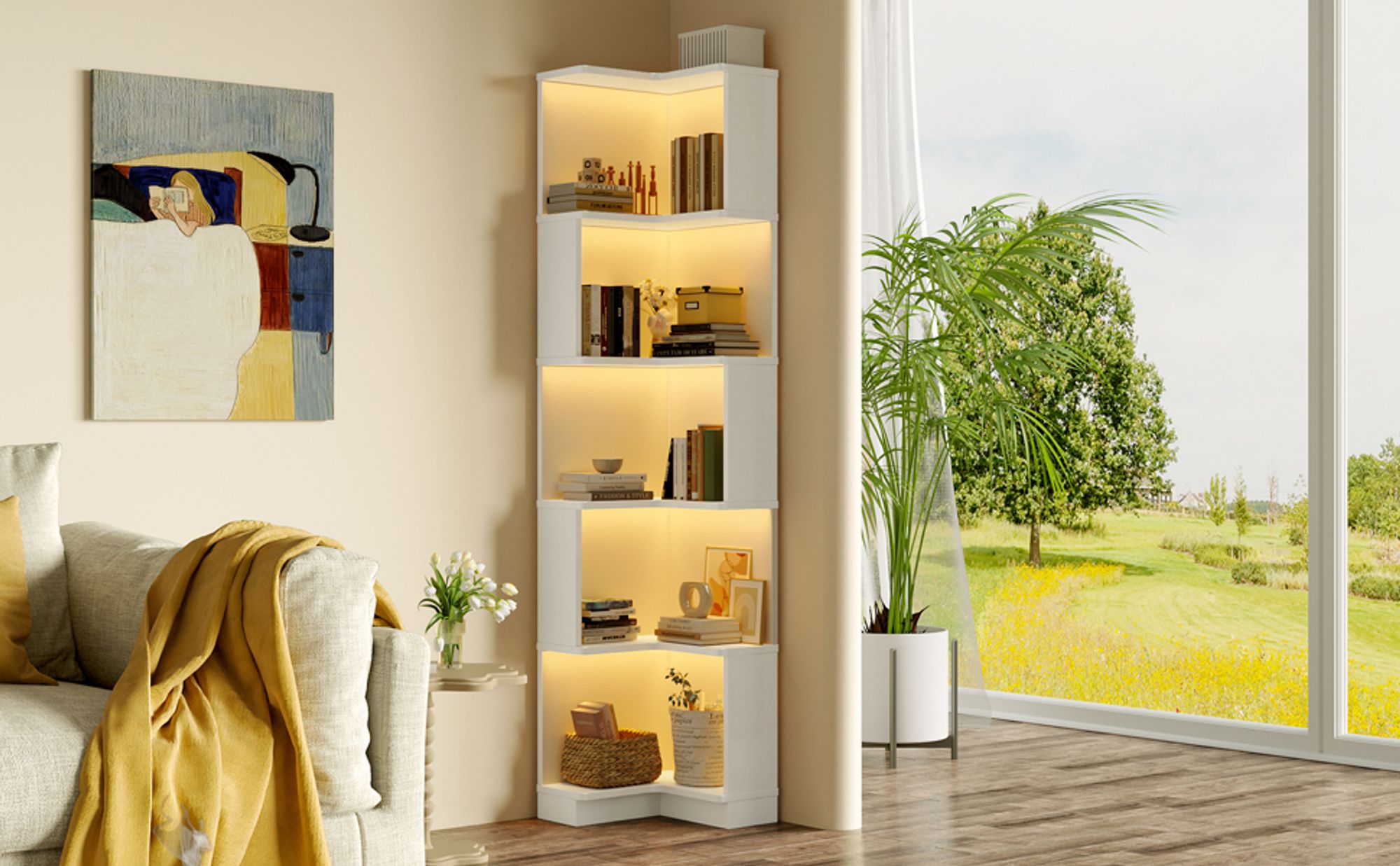 Flieks Eckbücherregal mit LED-Lichtleiste, 63.5x45x175 cm, Bücherregal  Lagerregal mit 5 Ebenen, Multifunktionaler Displayständer, weiß