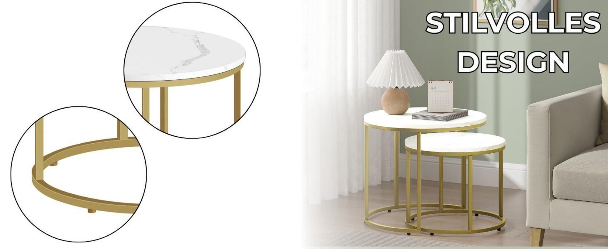 FORTENA Couchtisch Set 2tlg Rund, Marmor Look, mit goldenem Metallgestell