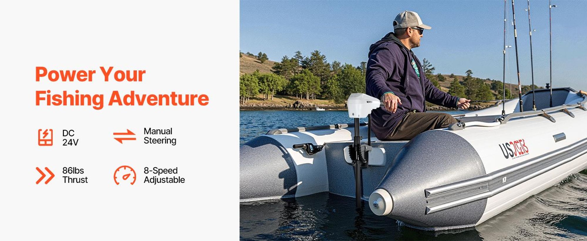 VEVOR Elektrischer Außenbordmotor, 24 V, 39 kg Schub, 8-Gang-Elektro-Trolling-Motor für Kajaks, Süßwasser-/Salzwasser-Fischerboote, 915 mm Welle