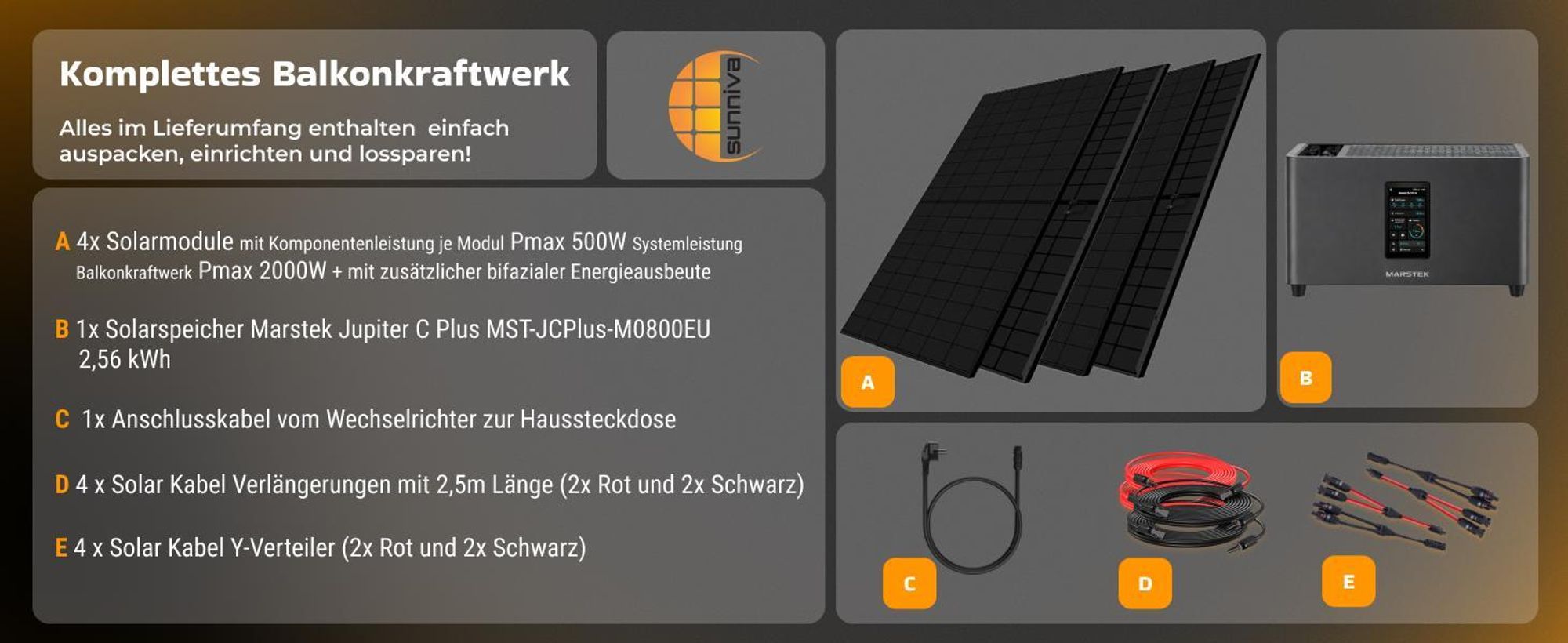 SUNNIVA® 2000W Balkonkraftwerk mit 2,24 kWh Speicher MARSTEK Jupiter C + Plus, 4x500W BIFAZIAL FULLBLACK komplett Steckdose, Solaranlage Solarspeicher