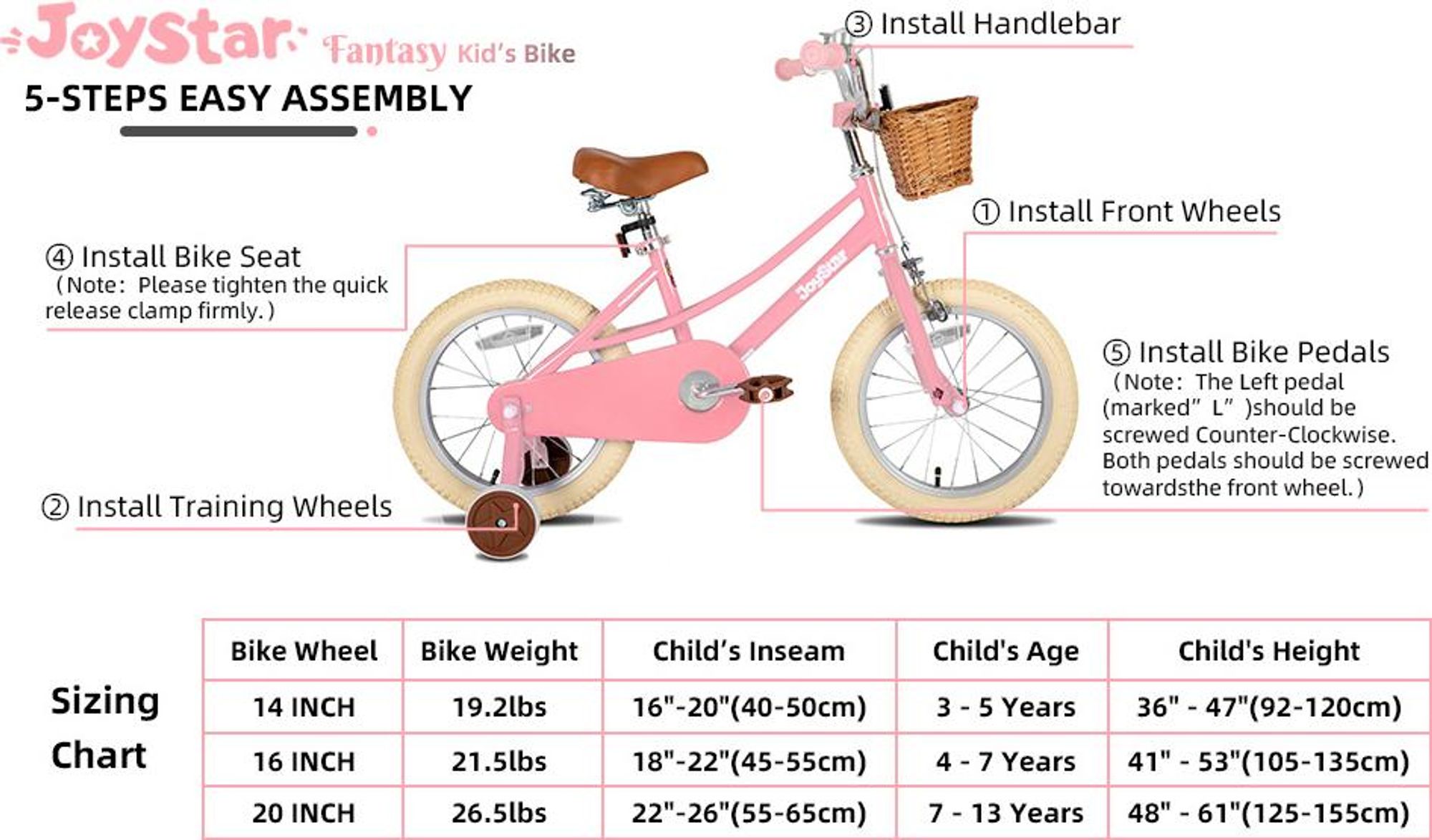 JOYSTAR 12/14/16/18/20 Mädchenfahrrad für 2-13 Jahre alte Kinder, 12" 14" 16" Kinderfahrrad mit Stützrädern & Korb, 20 Zoll mit Ständer, Rosa
