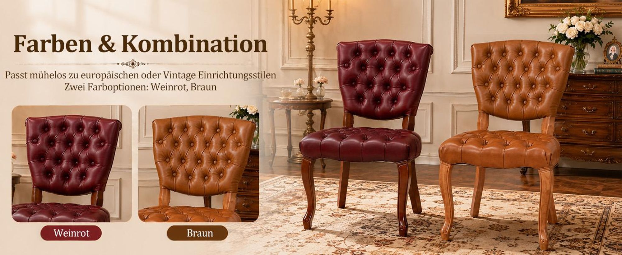 2er Set Esszimmerstuhl, Polsterstuhl mit hoher Rückenlehne, Beine aus Massivholz, aus Kunstleder, Geeignet für Wohnzimmer, Esszimmer und Arbeitszimmer