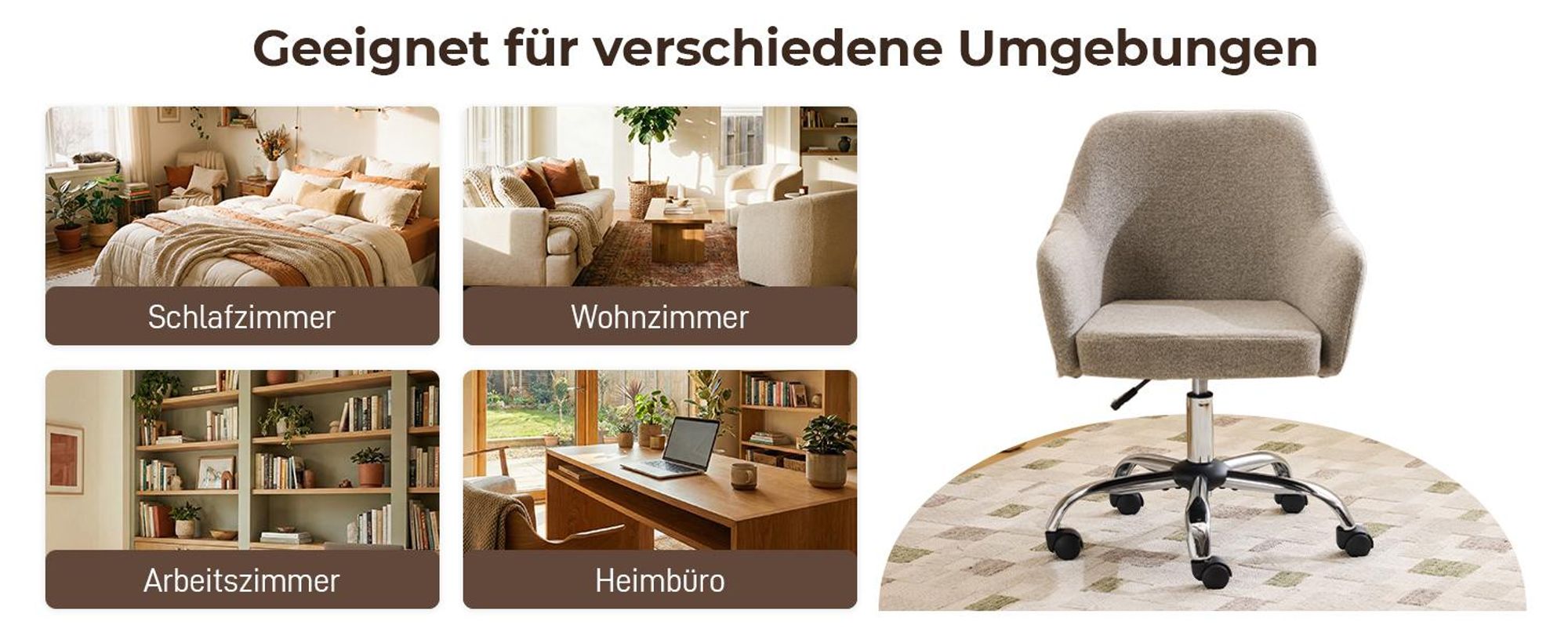 Schreibtischstuhl mit Armlehnen, Drehstuhl mit Rollen, Polsterstuhl,Hellbraun