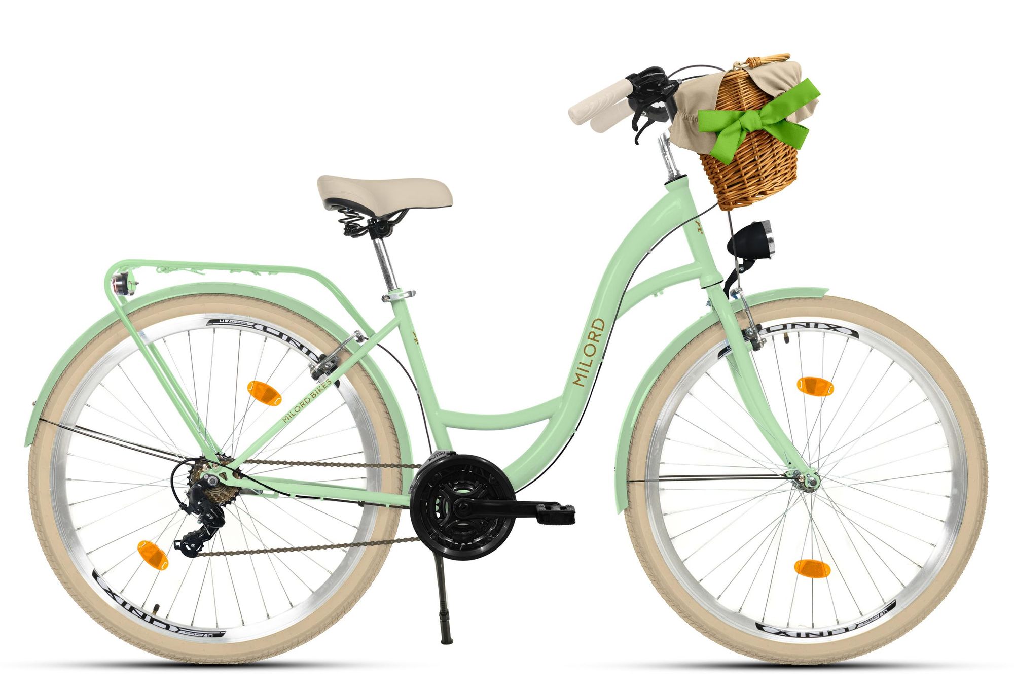 MILORD Damenfahrrad Citybike Komfort Mit Weidenkorb Hollandrad Fahrrad, 26 Zoll, 21-Gang, Khaki-Creme