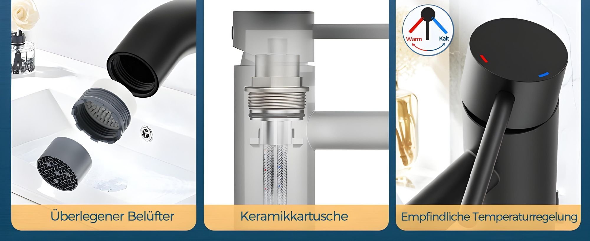 Wasserhahn Bad aus 304 Edelstahl, Auslaufsicher Keramikkartusche, Langlebig Armatur, Spritzfrei, Große Durchflussmenge und Hochdruck, für Bad, Küche