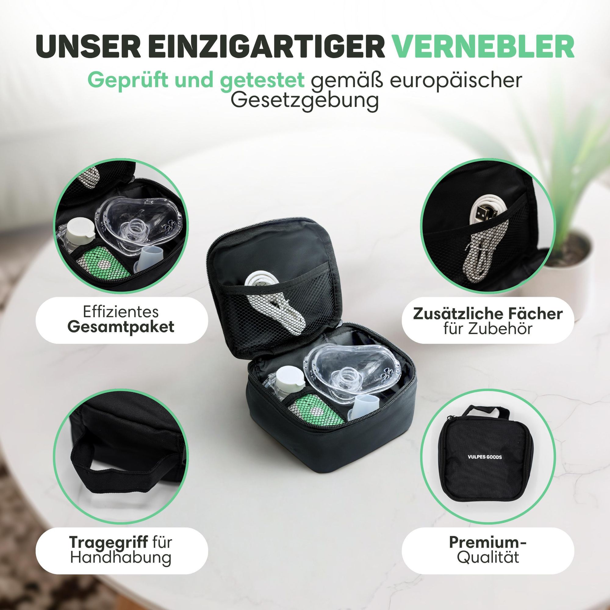 Vulpes Goods Elektryczny inhalator | Poręczne inhalatory dla dorosłych i dzieci | Przenośny inhalator z nebulizatorem W zestawie 3 ustniki i torba pod