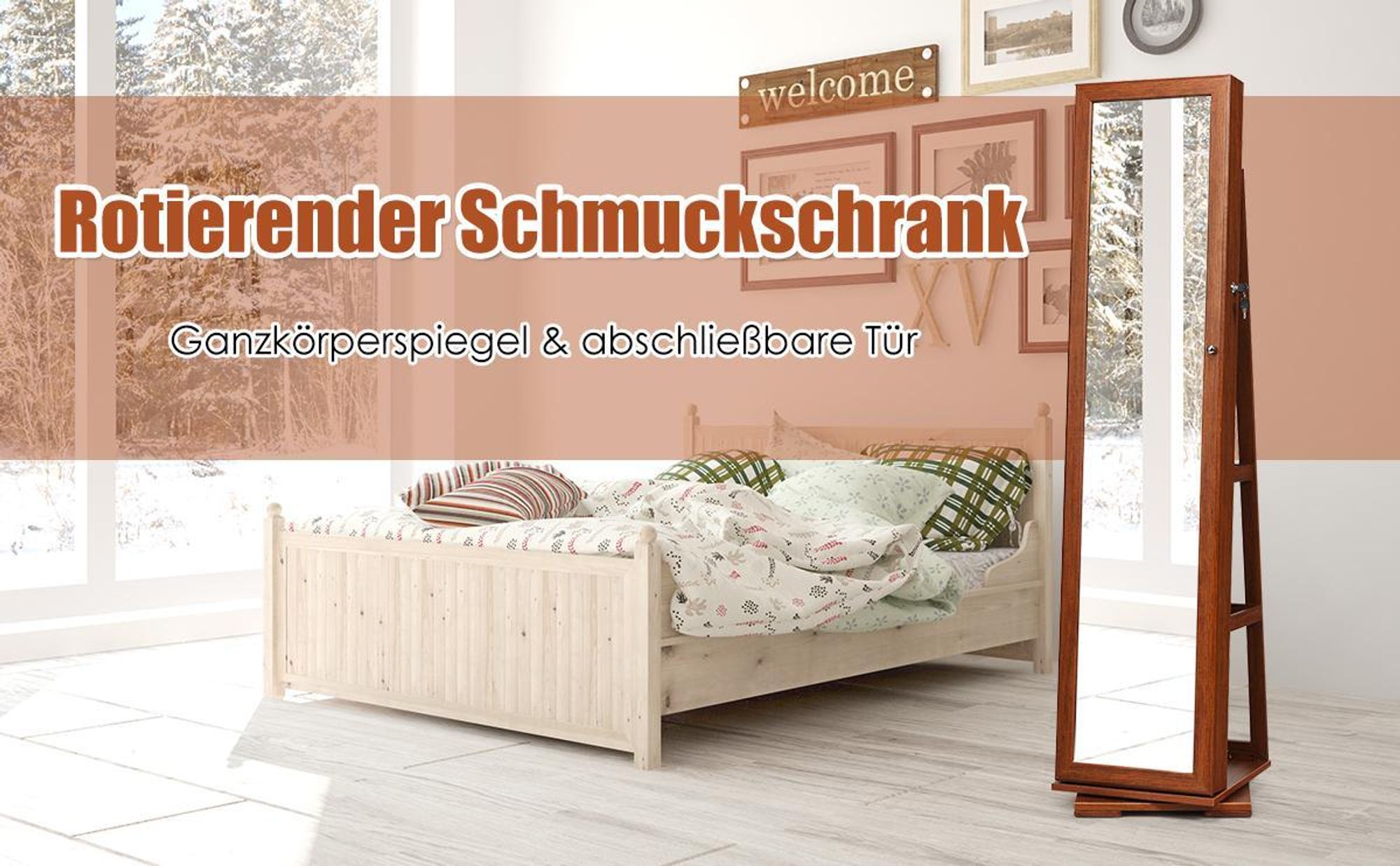 COSTWAY Schmuckschrank, Spiegelschrank mit Ganzkörperspiegel & eingebauter Make-up-Spiegel, 360° drehbar, abschließbar, Schmuck-Organizer Braun