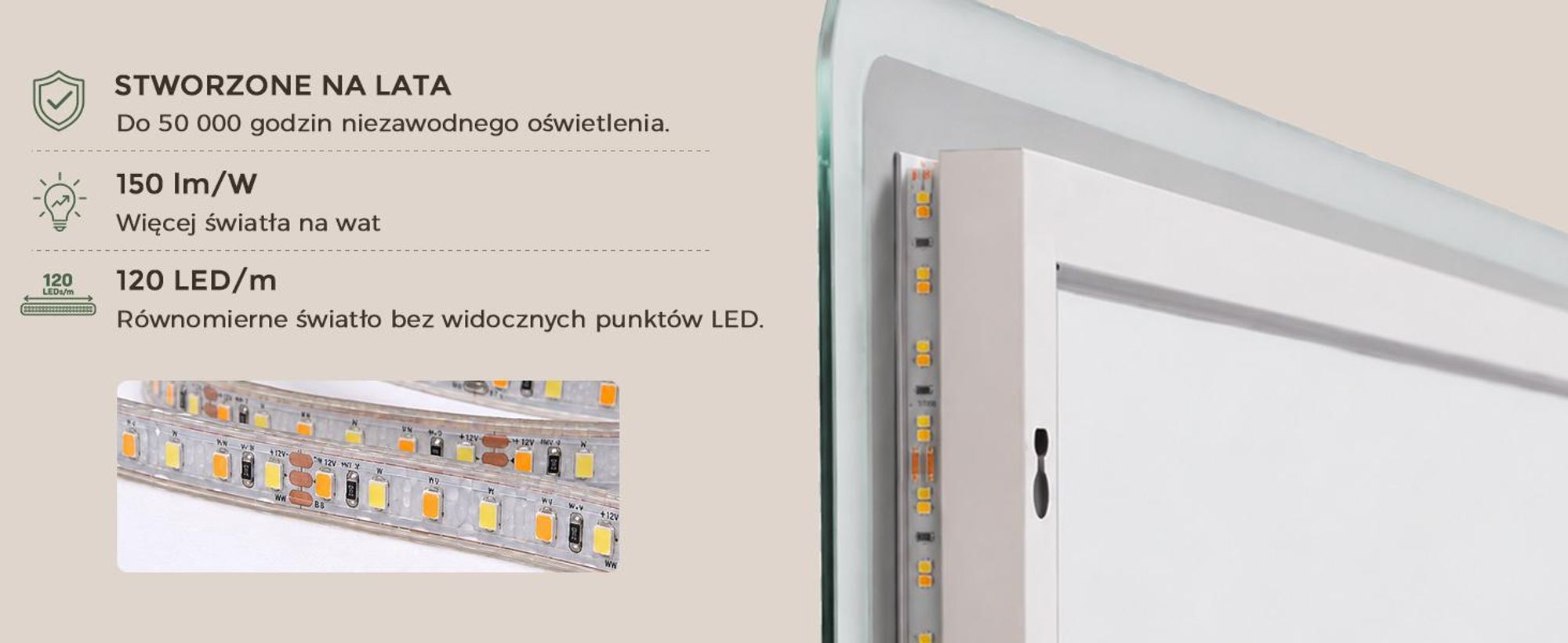 S'AFIELINA Lustro łazienkowe LED z Bluetooth 5.3, 120 × 60 cm, Lusterko 3×, funkcja antyparowa, 3 barwy światła, ściemnianie, dotyk & pamięć