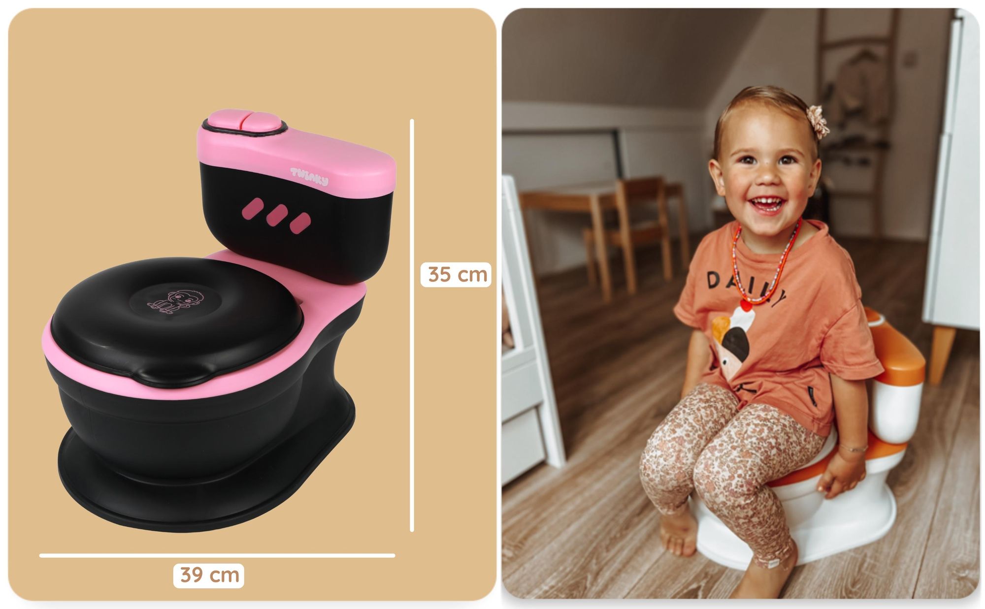 Twinky® Töpfchen für Kinder und Baby – 3-in-1 Toilettentrainer mit Musik- und Spültaste – Toilettensitz mit Deckel und WC-Rollenhalter