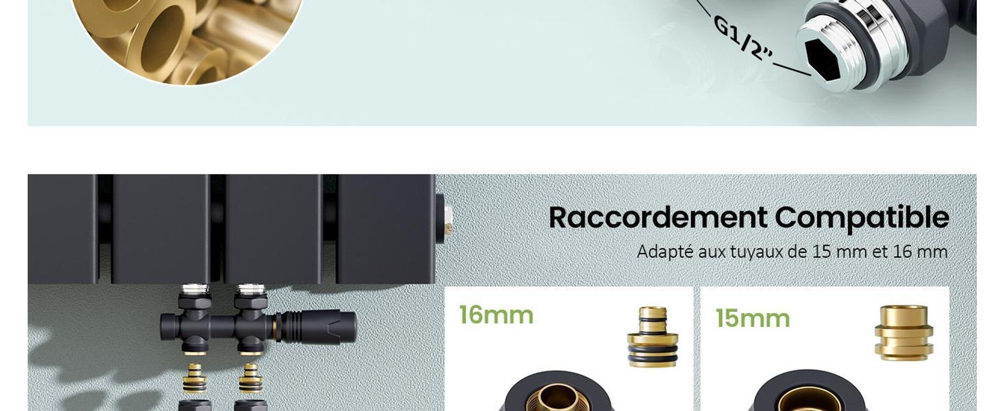 S'AFIELINA Garniture de raccordement de radiateur Multiblock Set Radiateur 15mm/16mm, anthracite, laiton,G 1/2" filetage,Pour montage en angle et forme de passage