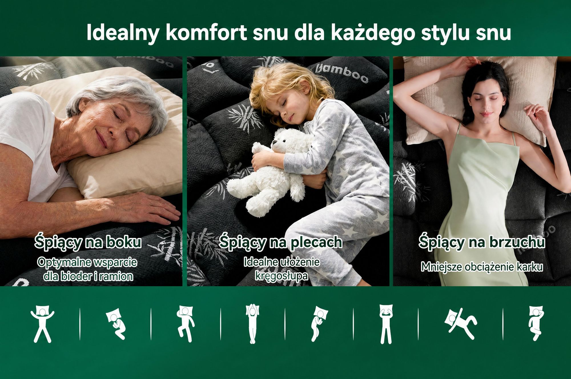 NicePlus, materac kieszeniowy 2 w 1, 140x200x7 cm, pianka termoelastyczna z podziałem na 5 stref + warstwa bambusowa, z gumkami narożnymi pasującymi do wszystkich materacy, twardość H2/H3, kolor: czarny