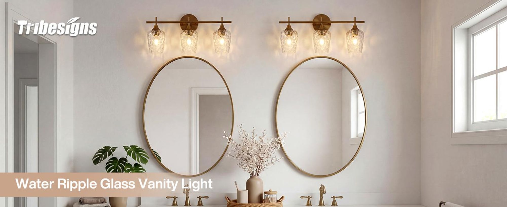 Tribesigns 3-Licht Badezimmer-Wandleuchte Gold, Moderne Wandlampe mit Wellenglas-Schirmen, E27 Sockel Badezimmer Spiegelleuchten, Ohne Glühbirne