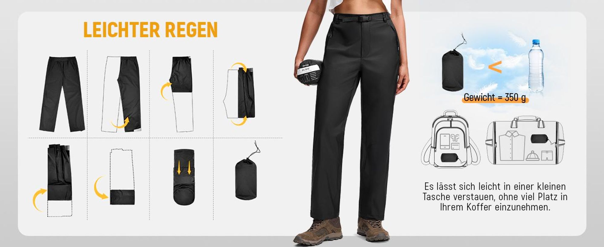 BUBW – Damen Outdoor Regenhose – wasserdicht & winddicht – leicht & packbar – mit reflektierenden Streifen – zum Wandern, Radfahren & Angeln