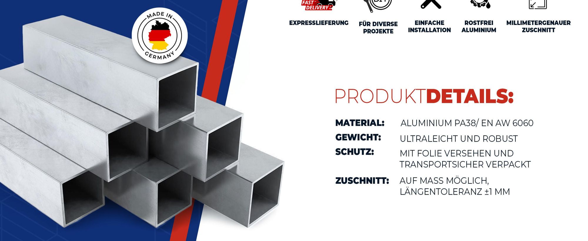 GalIndustrial, Aluminium, Aluminiumprofil, Alu Rohr, Alu Vierkantrohr, Rechteckrohr
