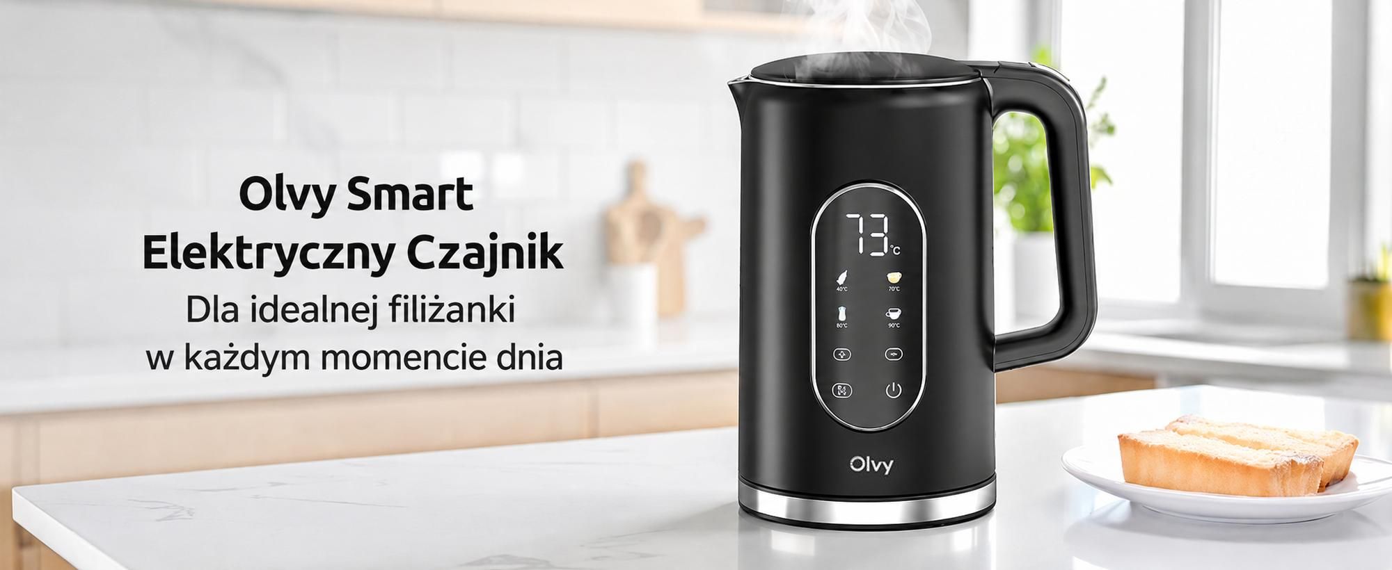 Czajnik Olvy z ustawieniem temperatury 1,7 l - wyświetlacz LCD, 2200 W, bez BPA, funkcja utrzymywania ciepła, filtr antywapienny, wybór temperatury 40-100°, stal nierdzewna