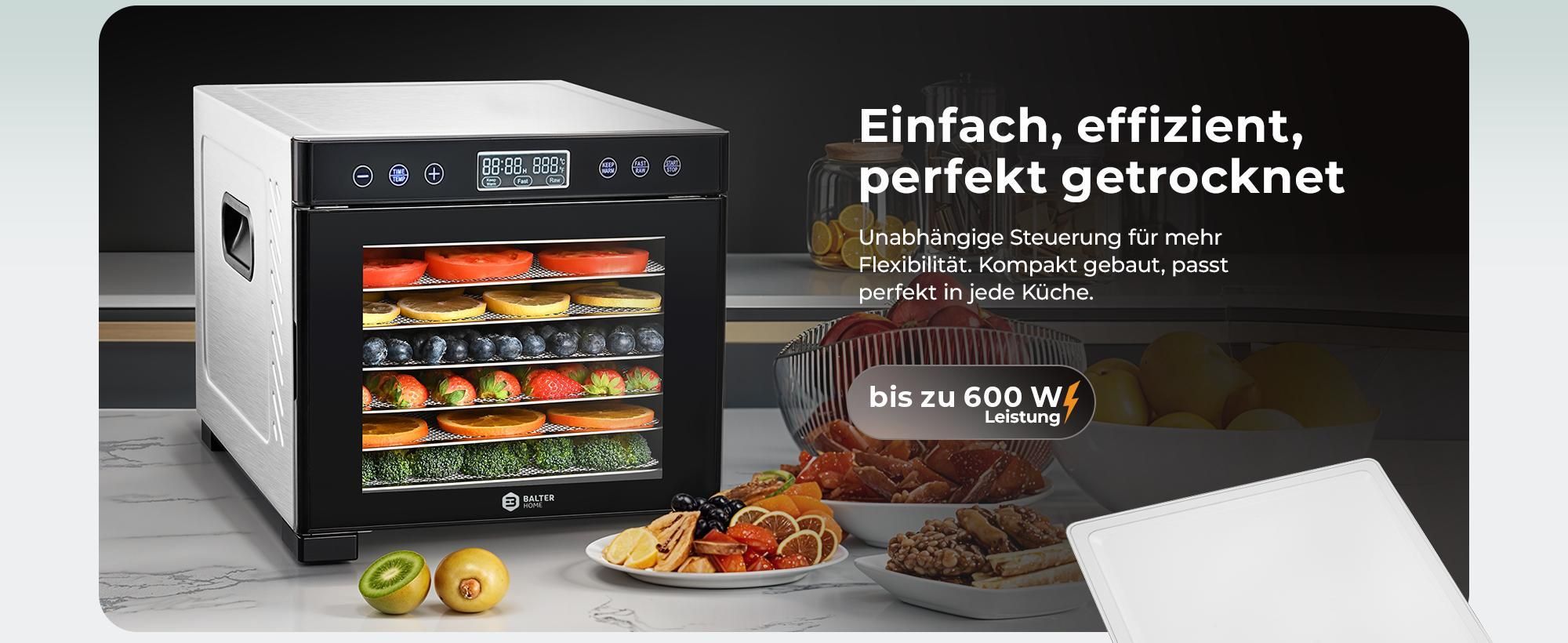 Balter Dörrautomat Edelstahl mit 7 Etagen, 600 W, Dörrgerät, LED-Display, 48-Stunden-Timer und Temperaturregelung, Dehydrator, BPA-frei