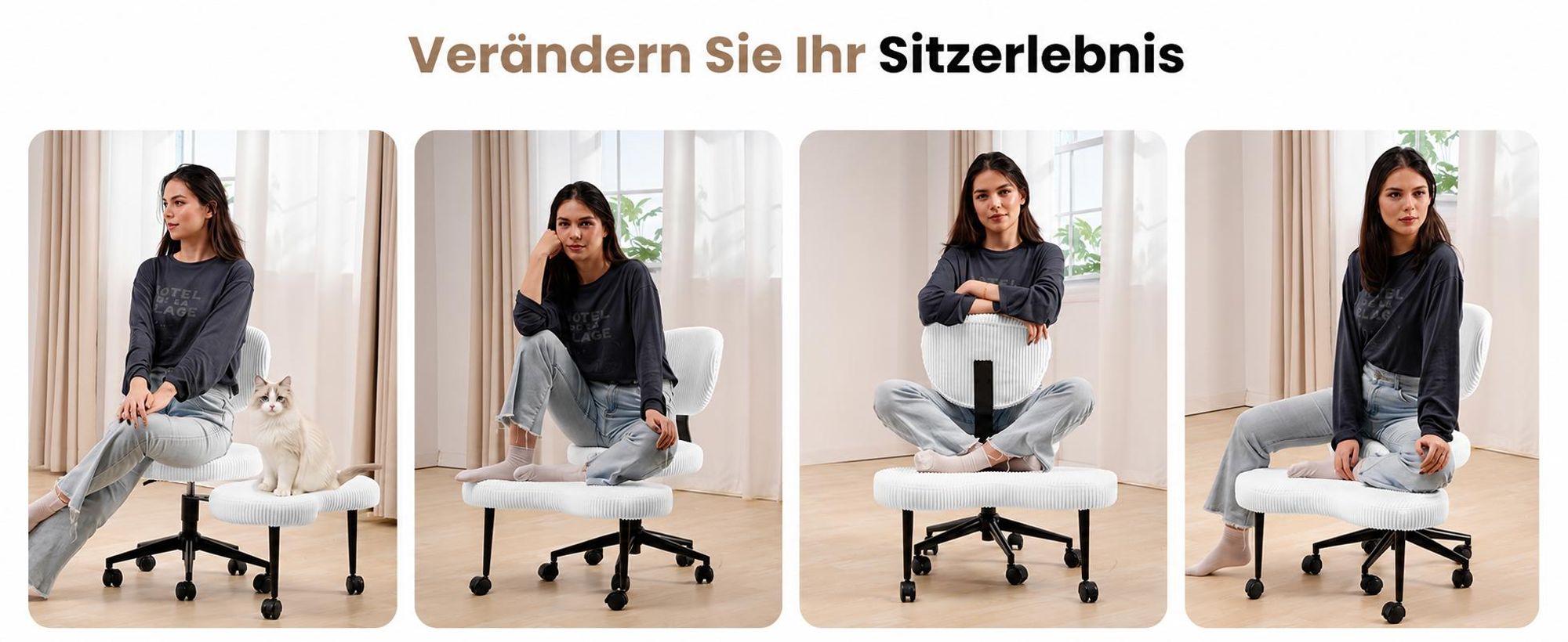 Bürostuhl für Schneidersitz, Ergonomischer Cross-Leg-Stuhl, 360° drehbar, höhenverstellbar, mit Rückenlehne, Weiß, Cord stoff Weiß