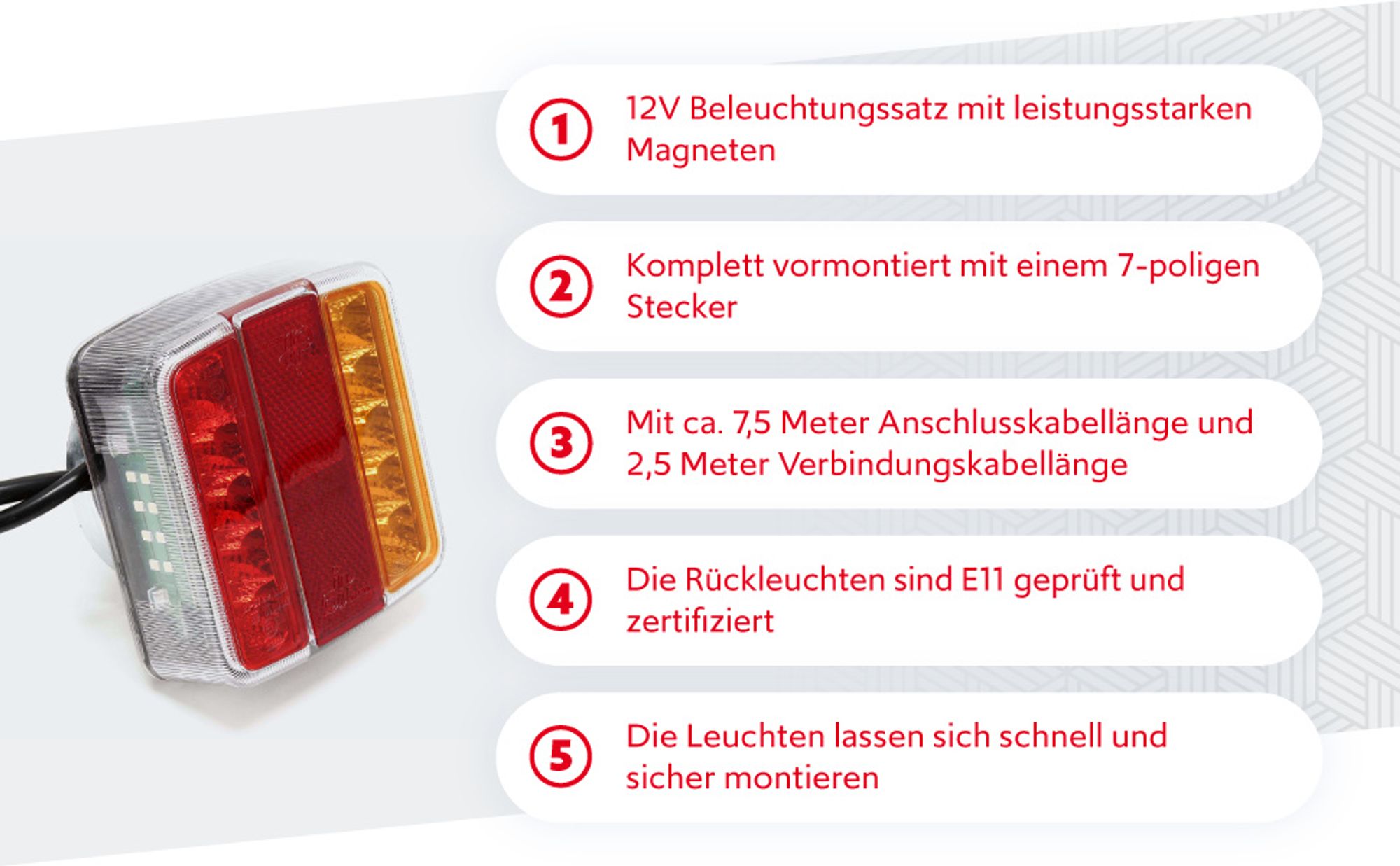 Wiltec LED Rückleuchte mit Magneten 7-polig 12V, Adapter für PKW Anhänger, Anhängersteckdose mit E11-, Anhängerbeleuchtung