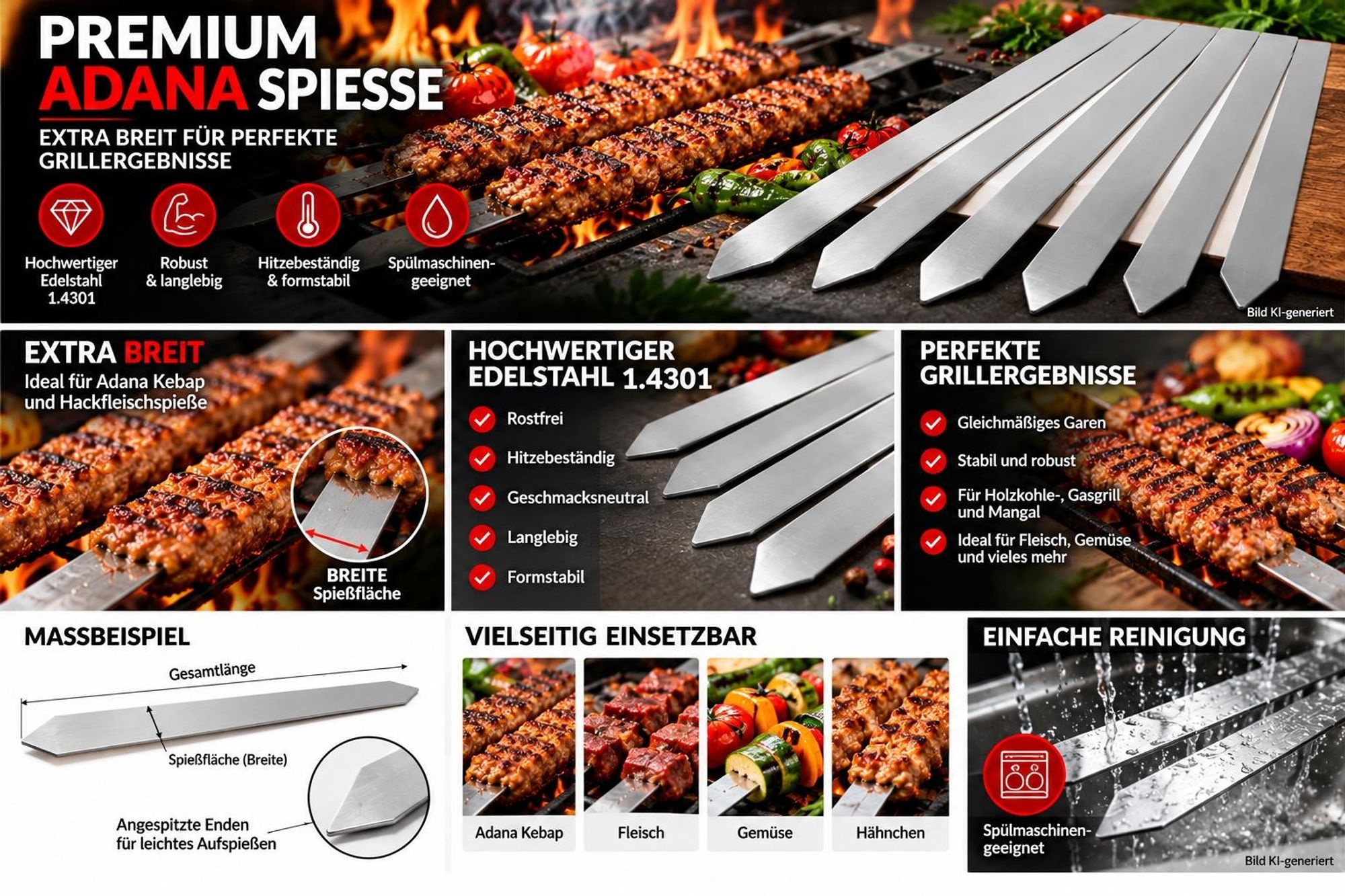 Edelstahl Adana Grillspieße extra breit 24mm und 600mm lang ( 3er Set )