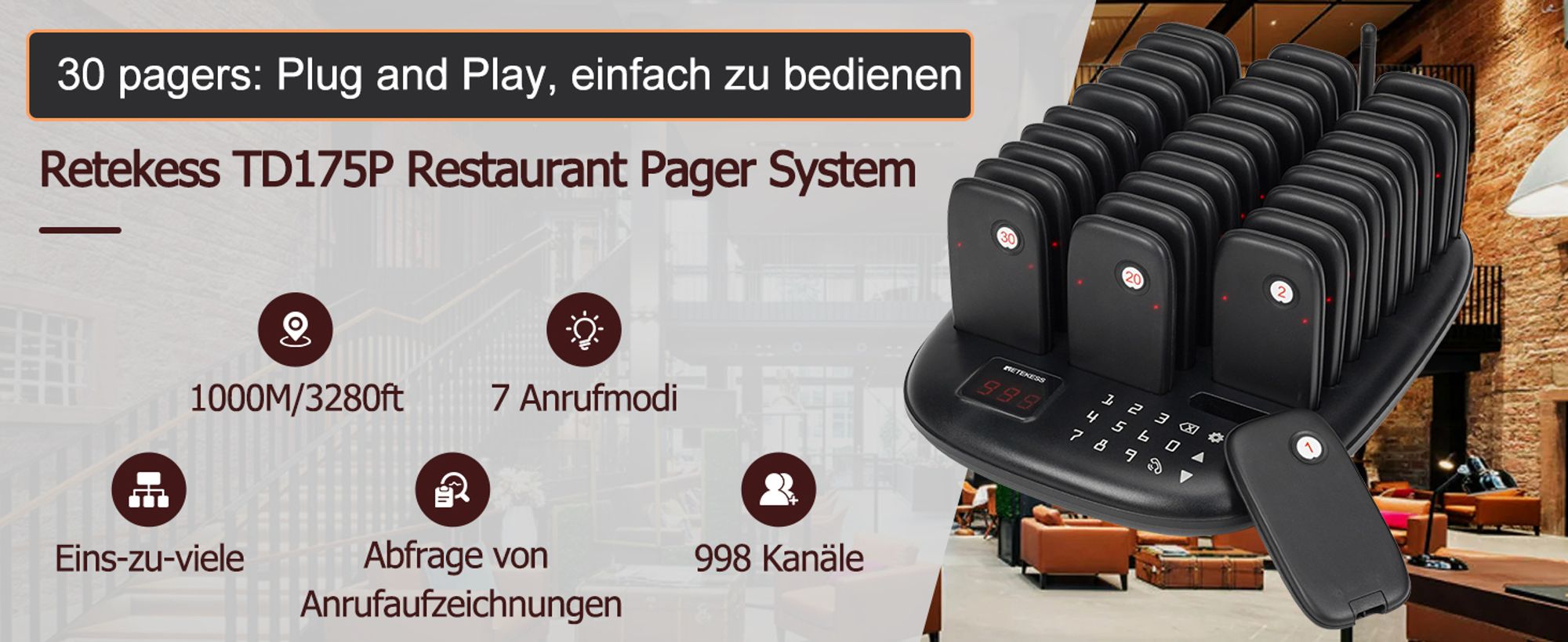 Retekess TD175P Restaurant Pager System, 30Pagers, 800M Pager Rufsystem, 7 Rufmod, 15H, Pager Pieper für Food Truck, Hotel, Café, Bar, walkie talkie