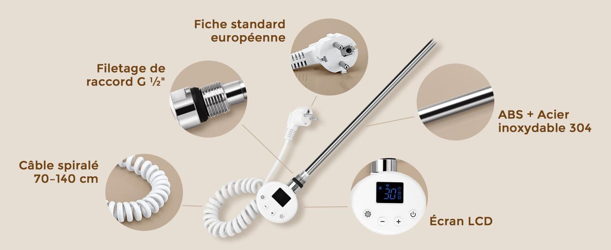 S'AFIELINA thermoplongeur avec thermostat 900W, minuterie programmable & affichage LCD, WiFi, pour radiateur de salle de bain, acier inoxydable, contrôle intelligent, blanc
