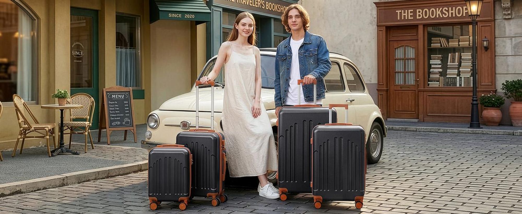 FCH Kofferset, 4tlg. Hartschalen Reisekoffer & Trolley Set S-M-L-XL 360° Rollen, Schwarz