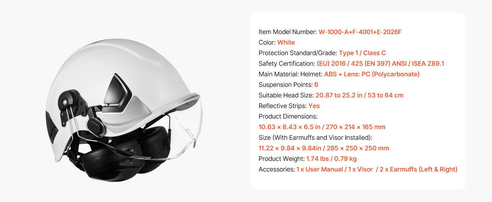 VEVOR Schutzhelm ANSI/ISEA Z89.1-zugelassener ABS-Sicherheitshelm mit Visier & Ohrenschützern, verstellbarer Industriehelm belüfteter Bauhelm Arbeitshelm für Industriebau Arbeitskleidung Weiß