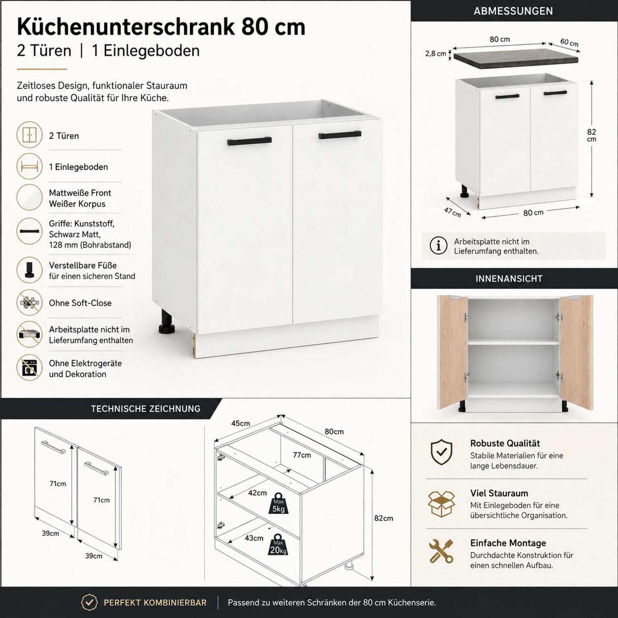 Küchenunterschrank 80 cm Mattweiß: 2 Drehtüren, 1 Einlegeboden & schwarze Griffe.