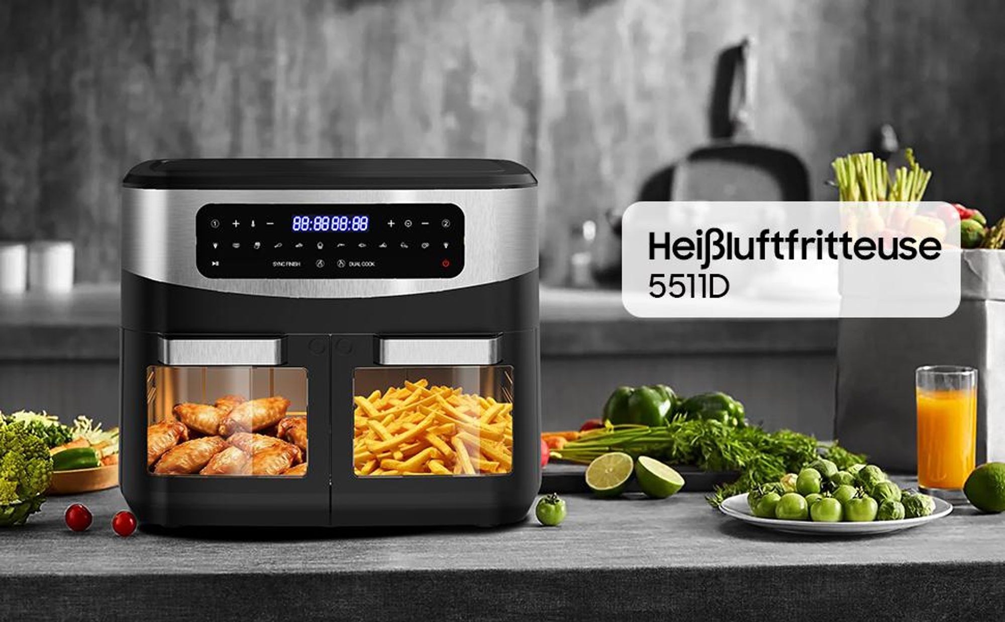 Heißluftfritteuse mit 2 separaten 5,5L Kammern & Sync-Finish – 2600W XXL 12L Gesamtvolumen, 10 Programme, Sichtfenster