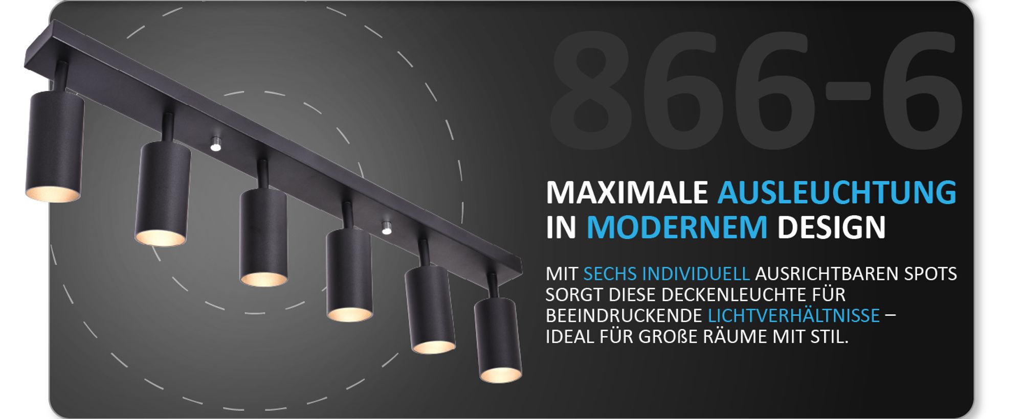 GU10 Deckenleuchte ProSpot 866-6-BK Schwarz – 6-flammig, Aluminium, IP20