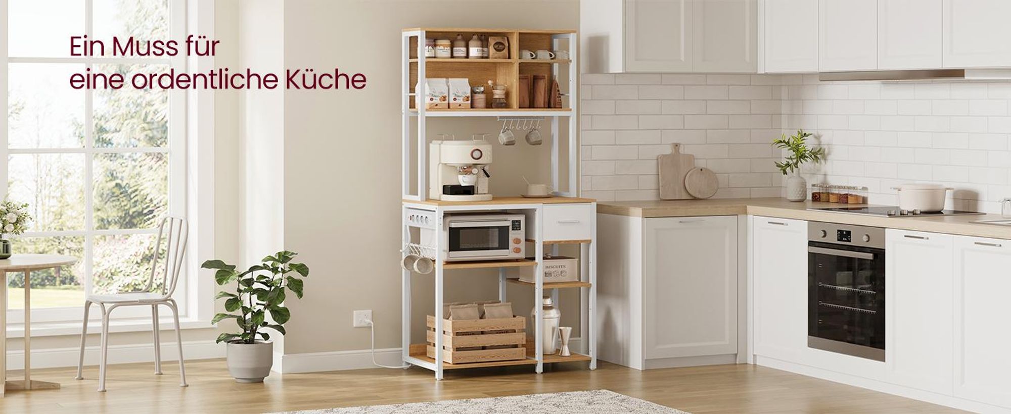 VASAGLE Küchenregal mit Steckdosen, Standregal, Mikrowellen-Regal, verstellbare Ablagen, Stoffschublade, 12 Haken, 40 x 80 x 180,4 cm