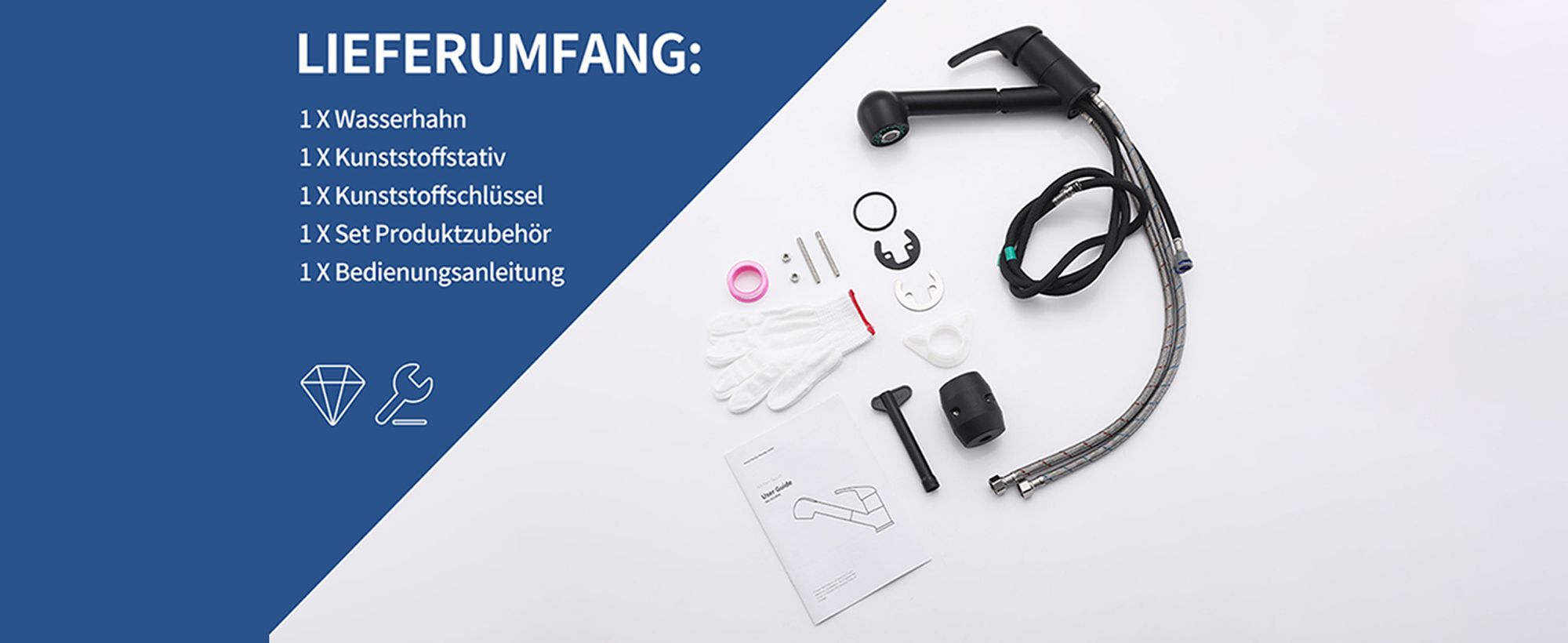 Homelody Schwarz Wasserhahn Küche,  Küchenarmaturen mit 2 Strahlarten Armatur mit Ausziehbarer Brause,  Mischbatterie Küche für Dual-Spülbecken
