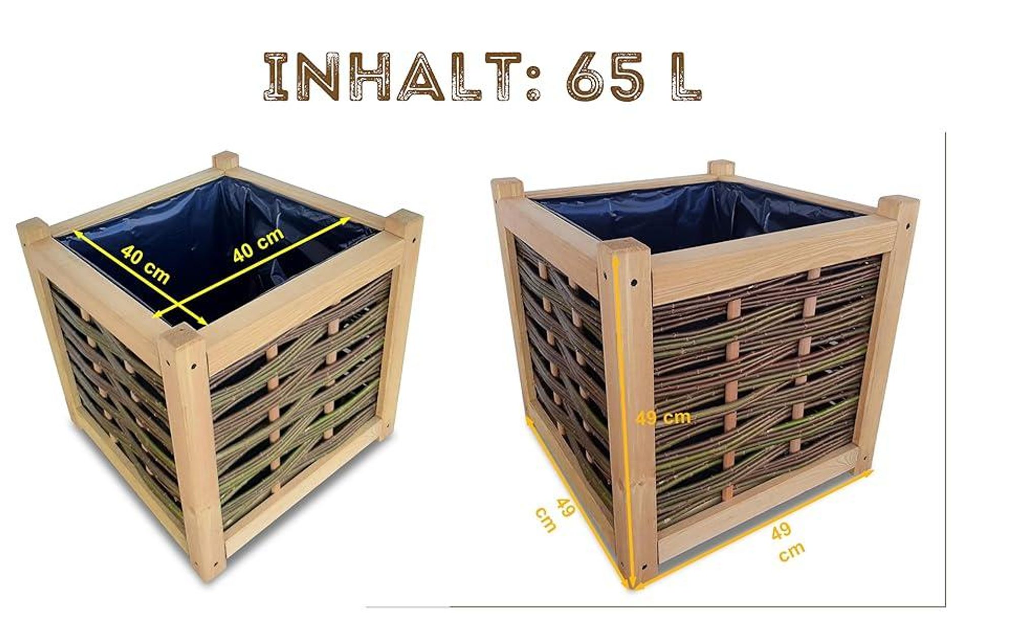 Blumentopf Rechteckig aus Weide und Holz - Pflanzgefäß für Garten 49 cm Blumentopf 65 Liter Blumenkasten