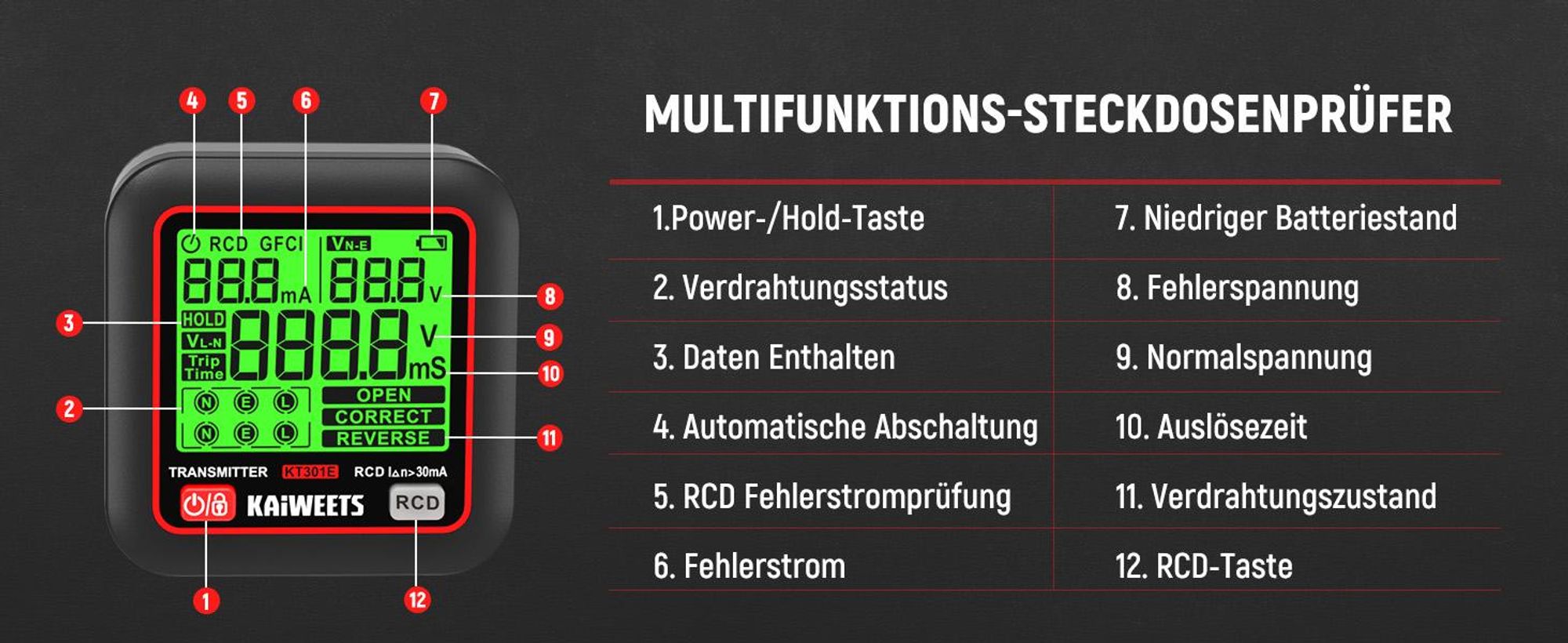 KAIWEETS KT301E Hľadač Ističov s LCD | Tester Zásuviek a RCD Skúšačka