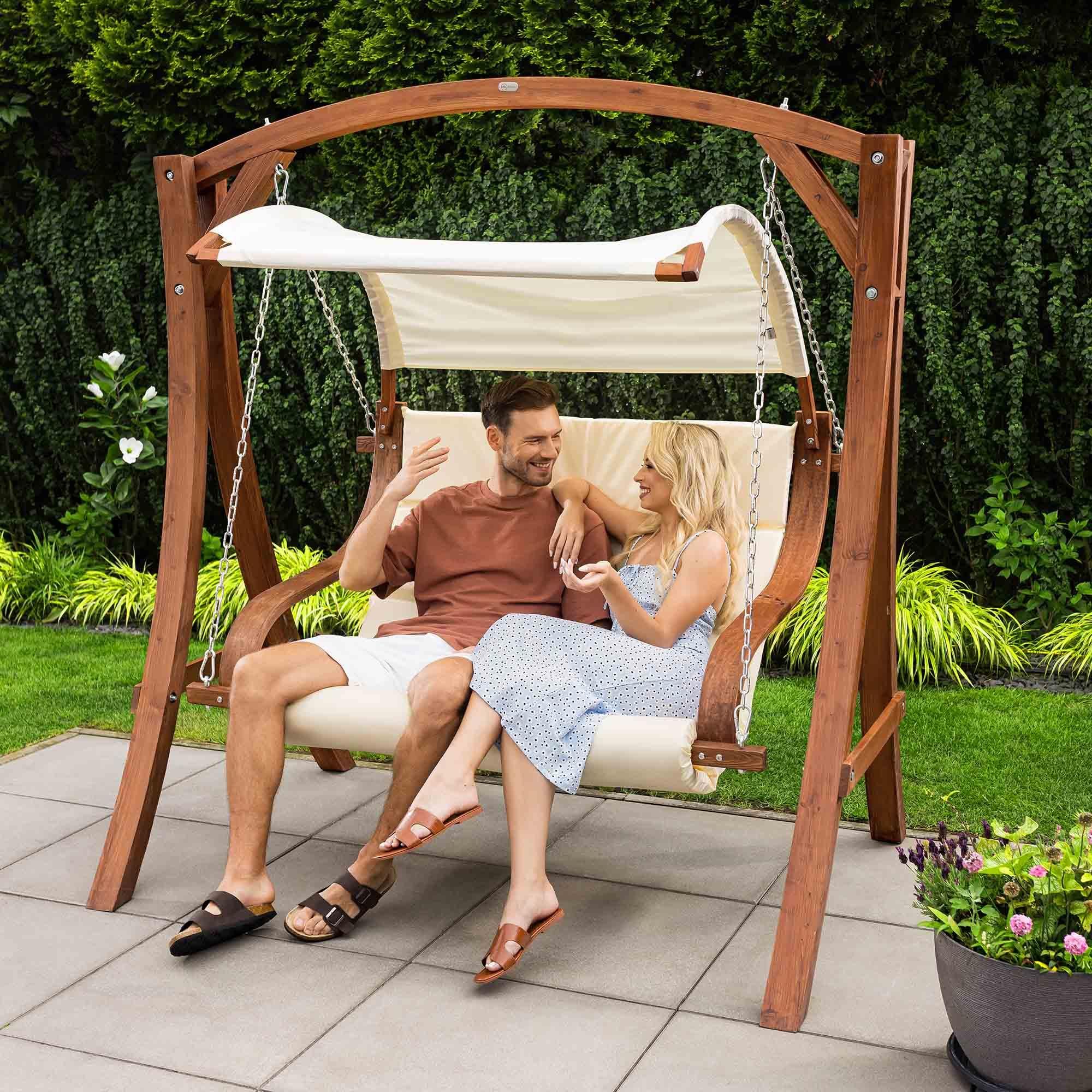 di volio Hollywoodschaukel Pergia creme, Gartenschaukel aus Holz, Outdoor Hängesessel mit Gestell für 2 Personen, mit Sonnendach, wetterfest & robust