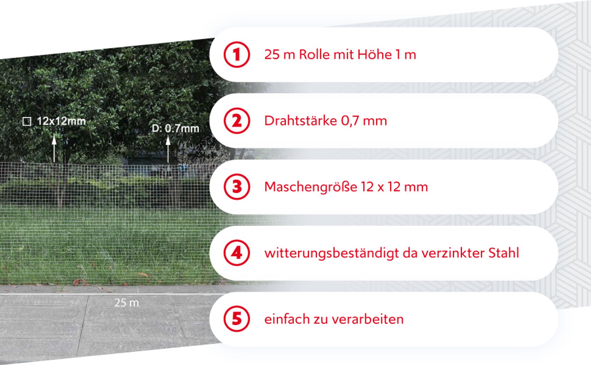 Wiltec Maschendrahtzaun 1 m x 25 m, 0,7 mm Drahtstärke 12x12 mm Maschengröße, Volierendraht 4-Eck aus Stahl verzinkt, Drahtgitter, Vogeldraht