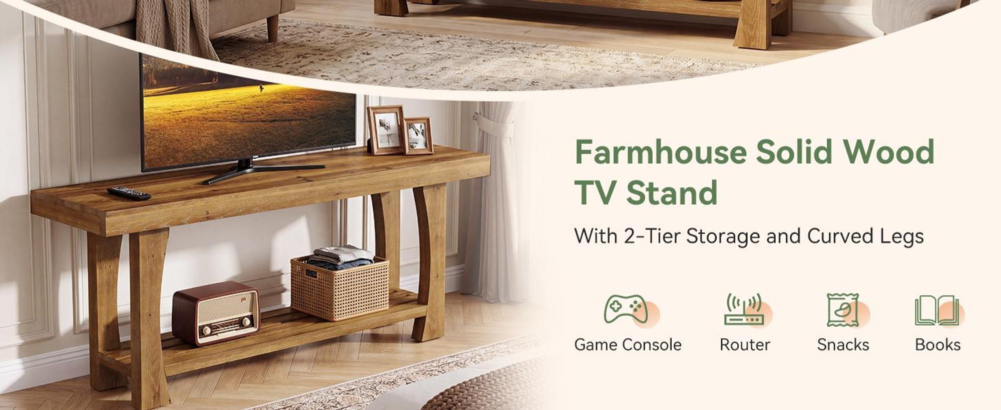 Tribesigns Massiver TV-Ständer Holz für 55, 60, 65 und 70 Zoll Fernseher, Medienkonsole Landhausstil mit konischen Beinen und zwei offenen Regalböden