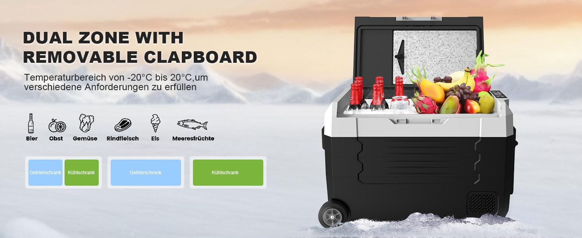 55L Kompressor Kühlbox Dual Zone bis -20℃, 12/24V DC & 230V AC,Kühlbox Kompressor mit APP-Steuerung, Gefrierbox für Auto, Boot, Camping, Geländefahrt