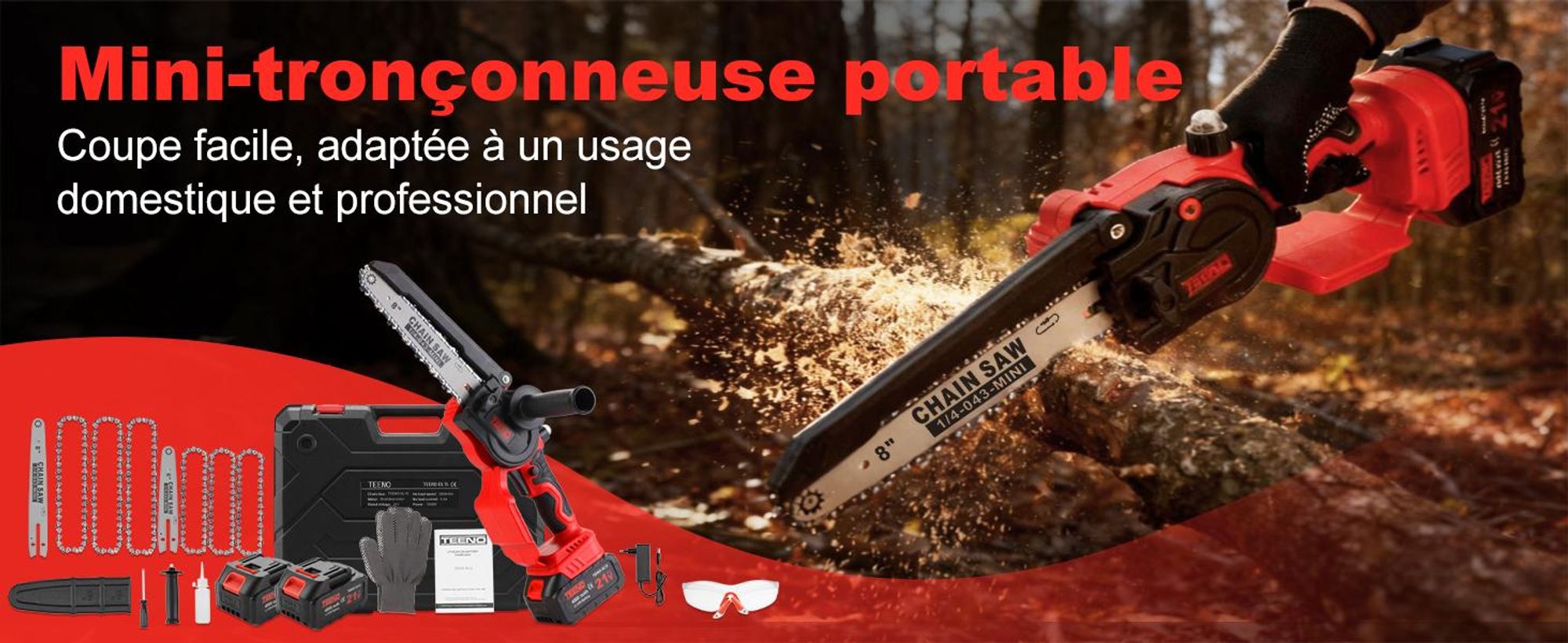 TEENO Tronconneuse a Batterie, Mini Tronçonneuse Électrique 6&8 Pouces 2-en-1, Kit avec 6 Chaînes (3×6"+3×8"),  2×4000mAh, 5500 tr/min, Taille Haie