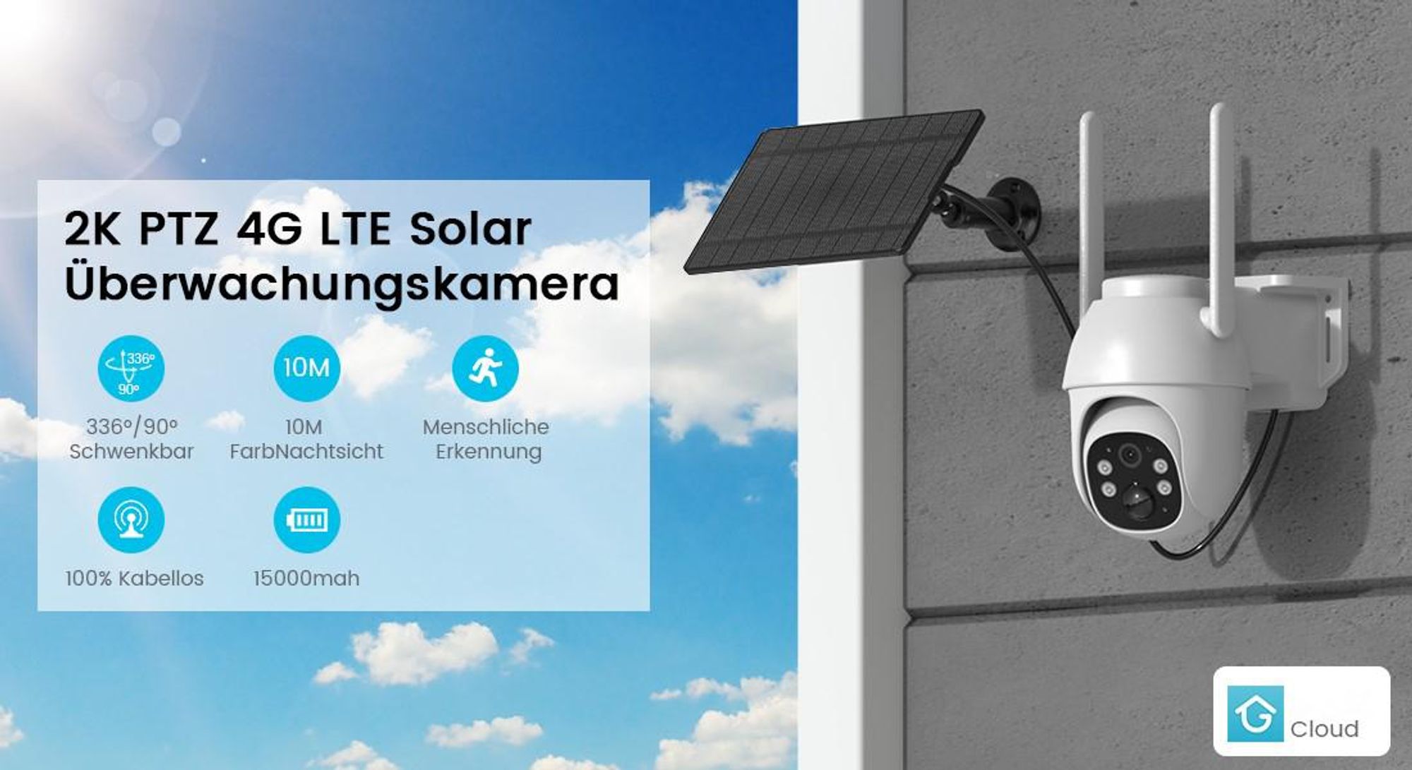 4G LTE Überwachungskamera Aussen Solar mit SIM Karte 2K HD 3MP PTZ Kabellos Kamera 355°/90° Schwenkbar Farb/IR Nachtsicht, 2-Wege-Audio, 64GB