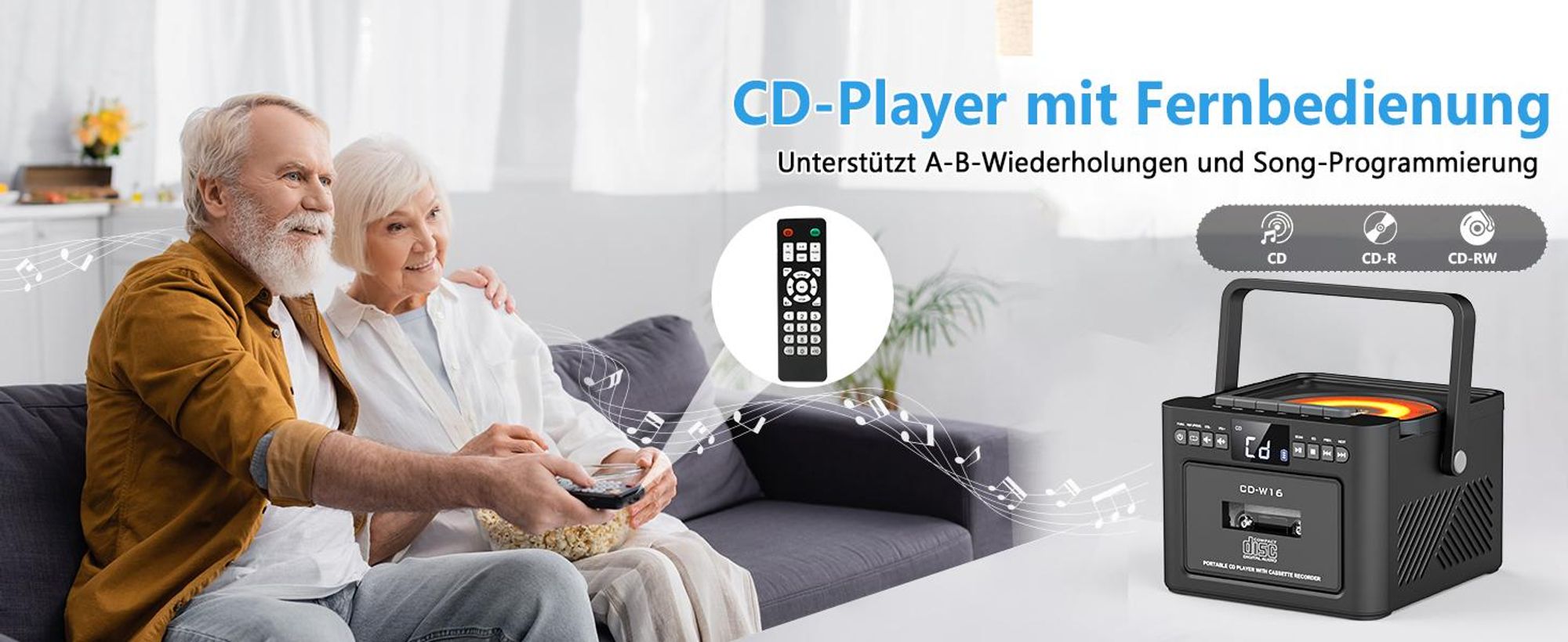 CD Player, Tragbar CD-Player, 5W Bluetooth Lautsprecher, Kassettenspieler mit UKW Radio, 5000mAh wiederaufladbare Akku, Fernbedienung, AUX/USB/SD