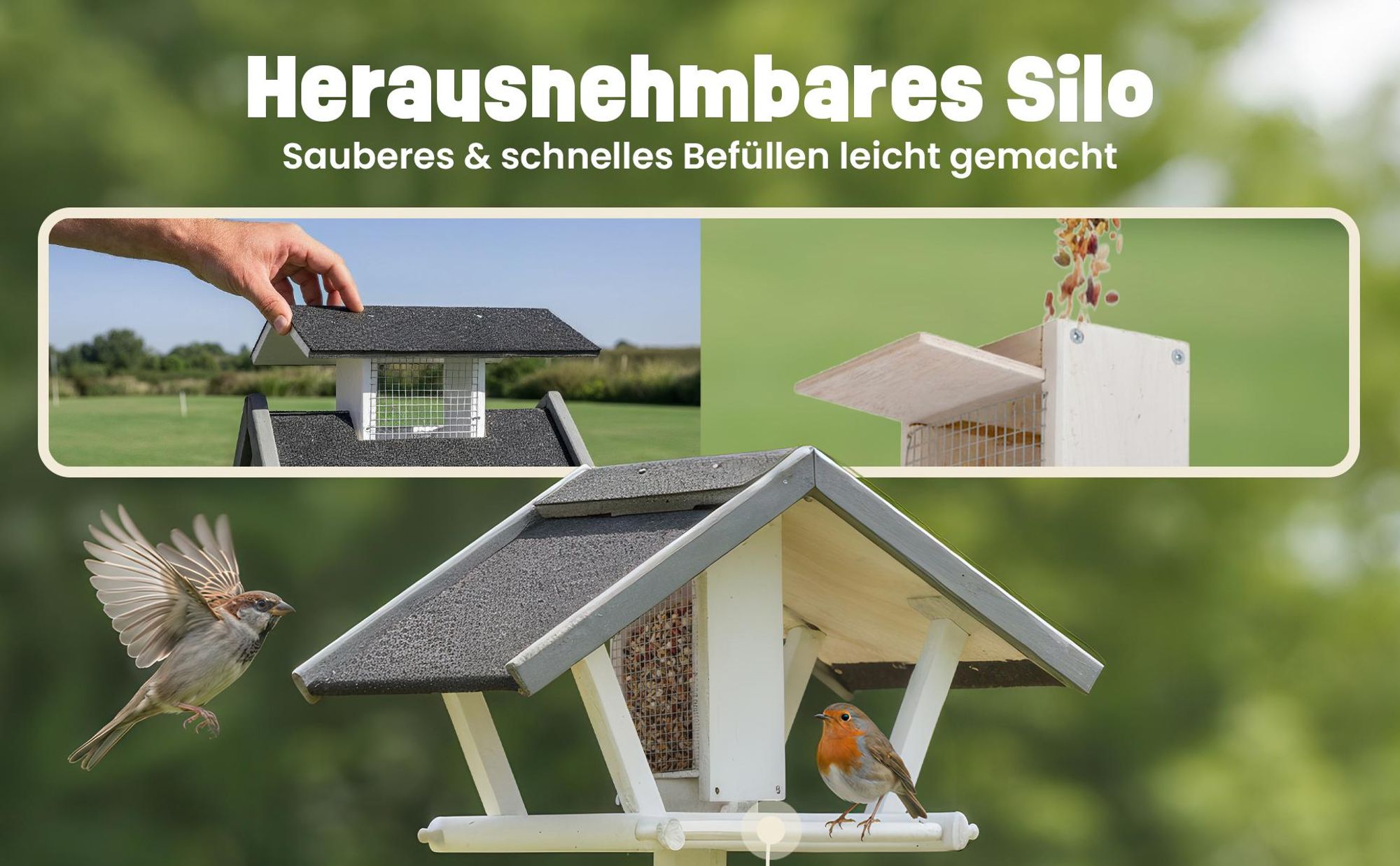 Vogelhaus mit Ständer zooprinz Bird Tower | Massivholz Kiefer | 120 cm Höhe | Futtersilo & Bitumendach | Wetterfest Weiß-Grau